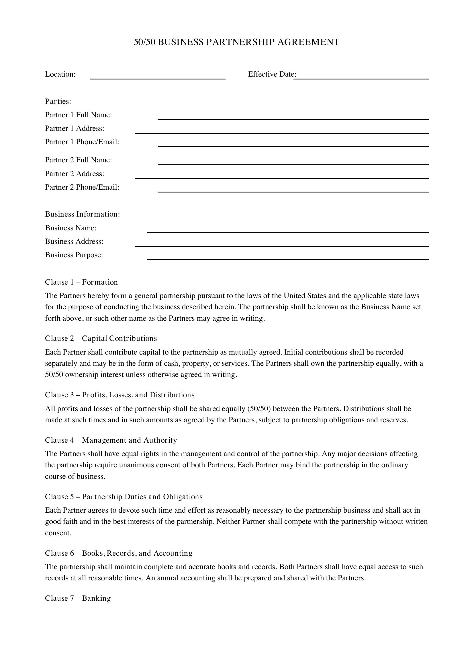 50/50 Business Partnership Agreement Template - US