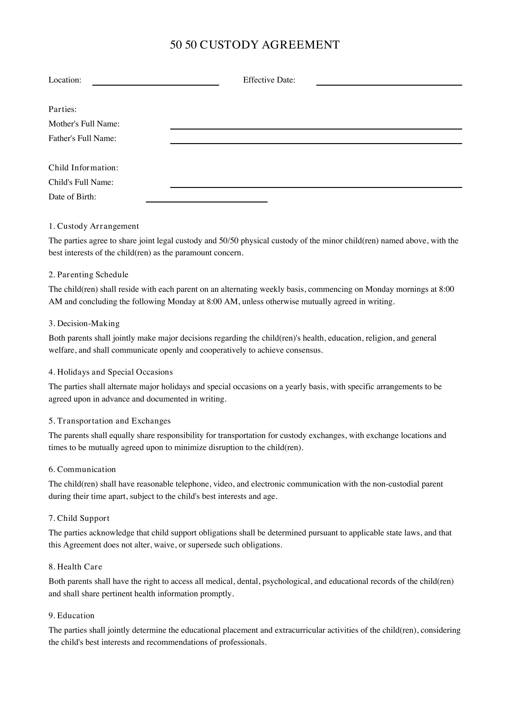 50 50 Custody Agreement Template - US