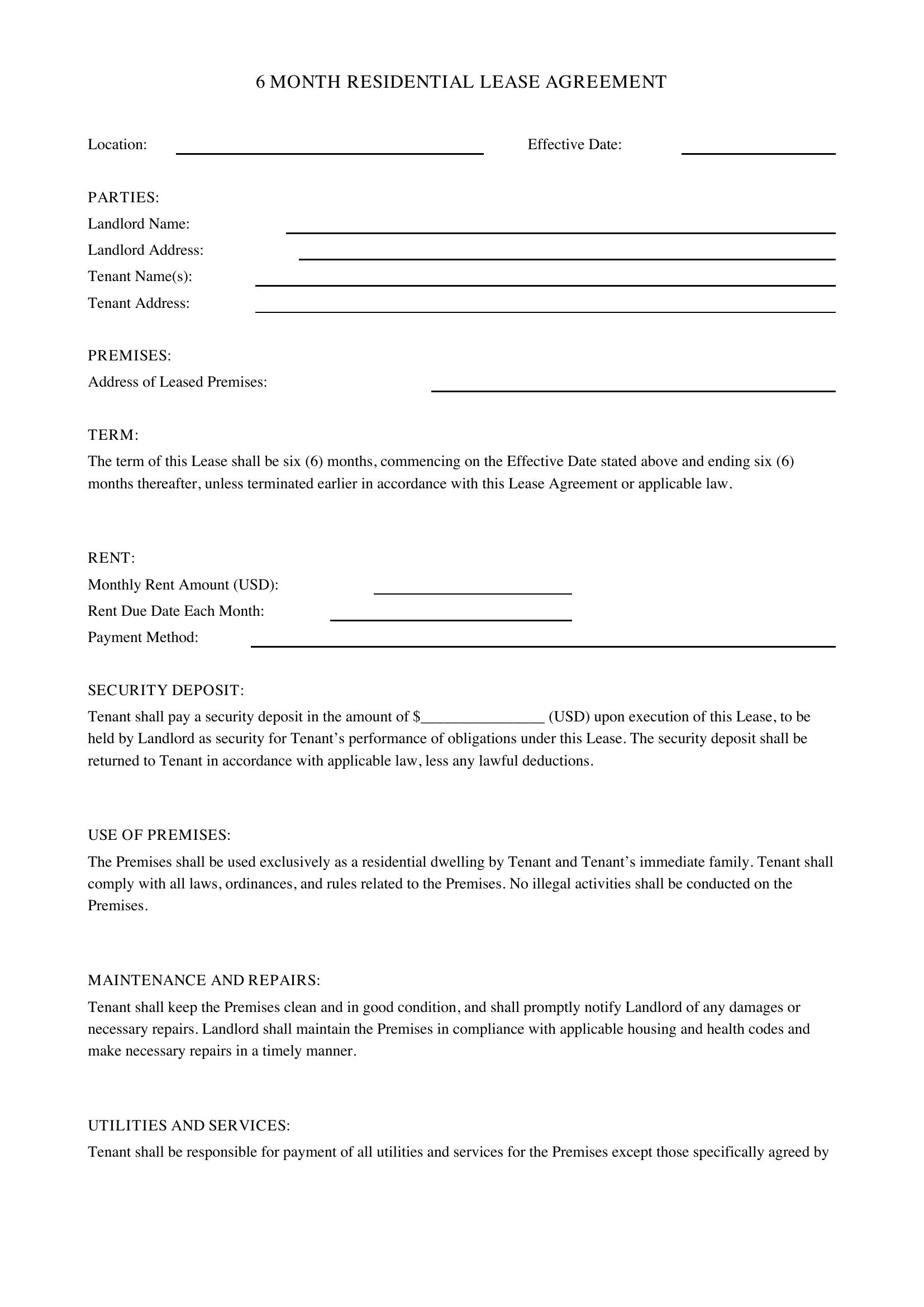 6 Month Lease Agreement Template - US