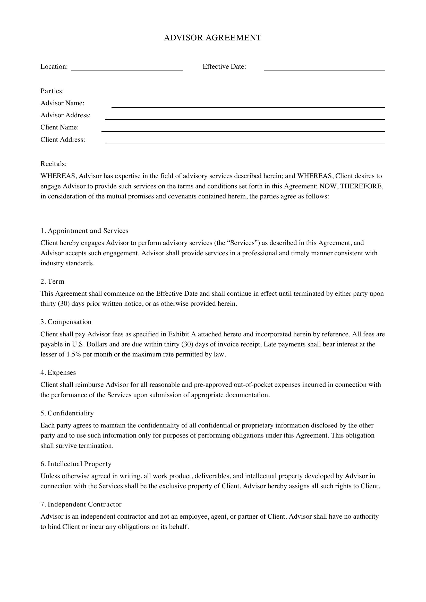 Advisor Agreement Template - US