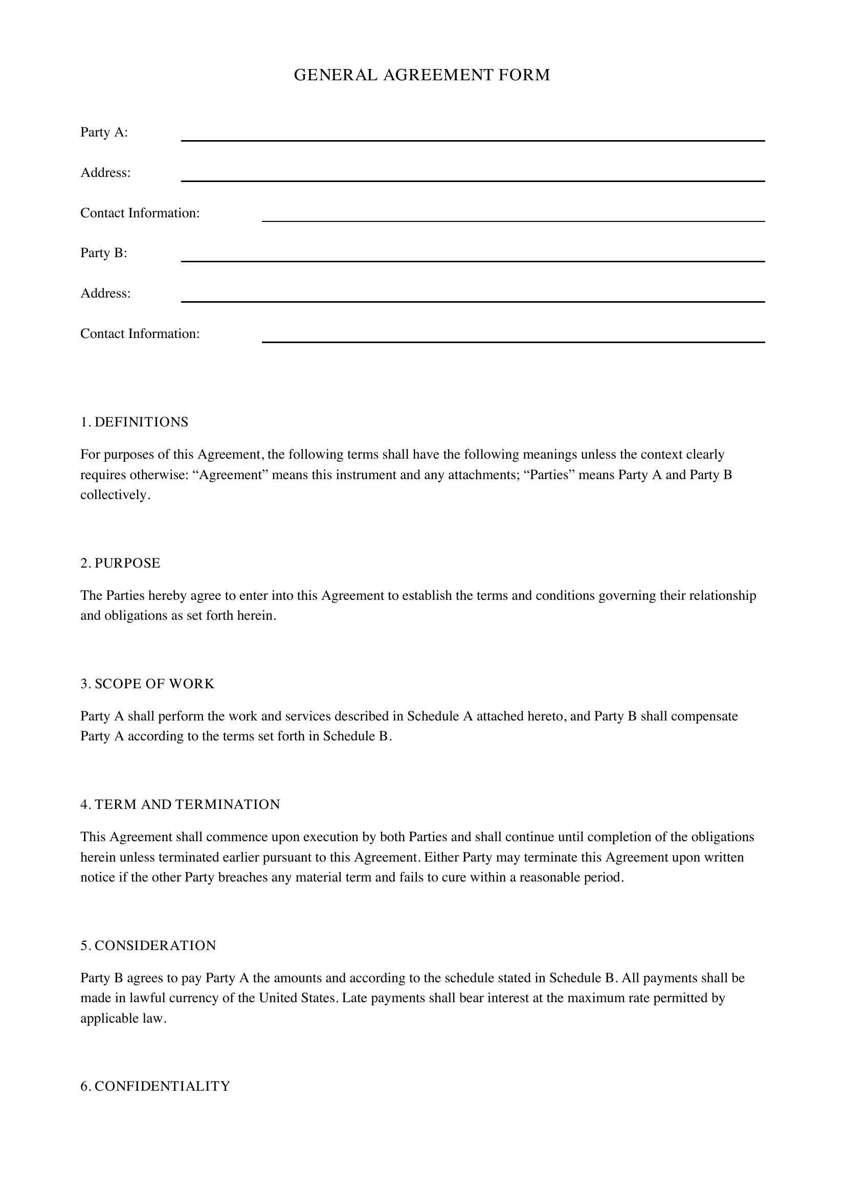 Agreement Form Template - US