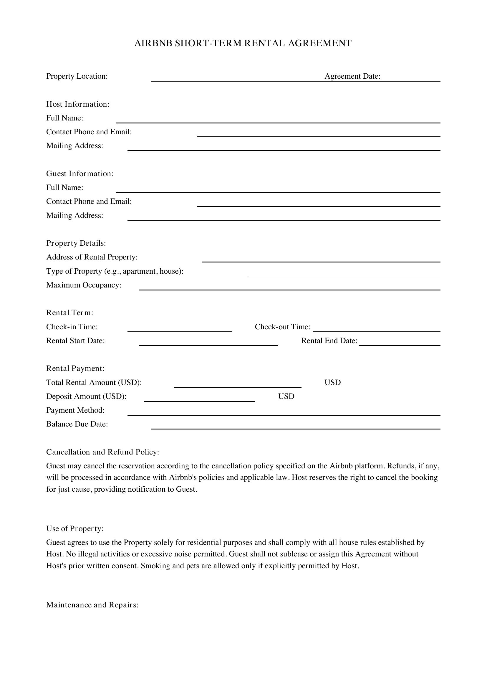 Airbnb Agreement Template - US