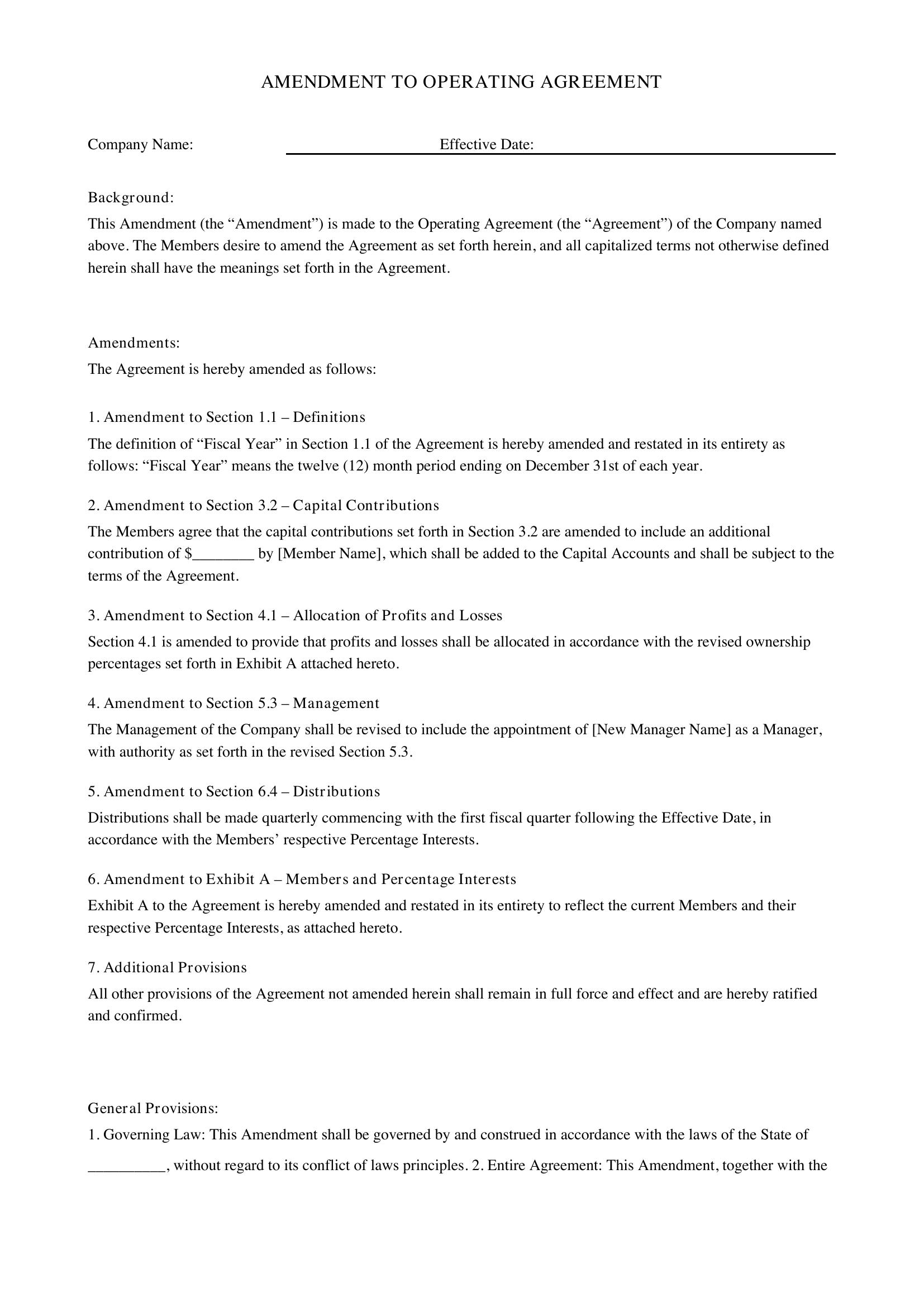 Amendment To Operating Agreement Template - US