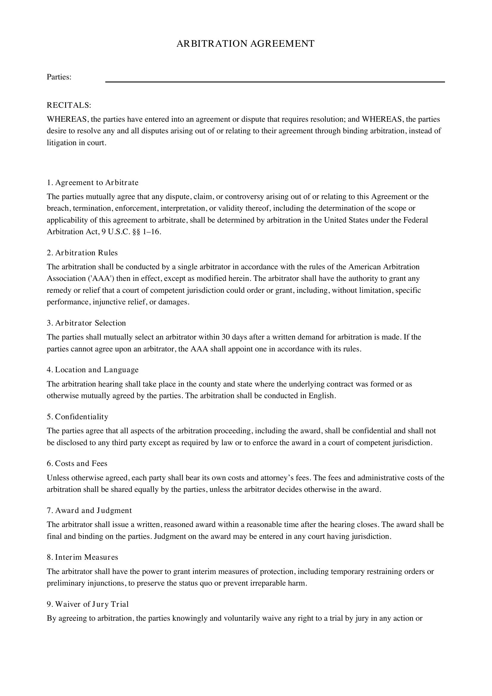 Arbitration Agreement Template - US