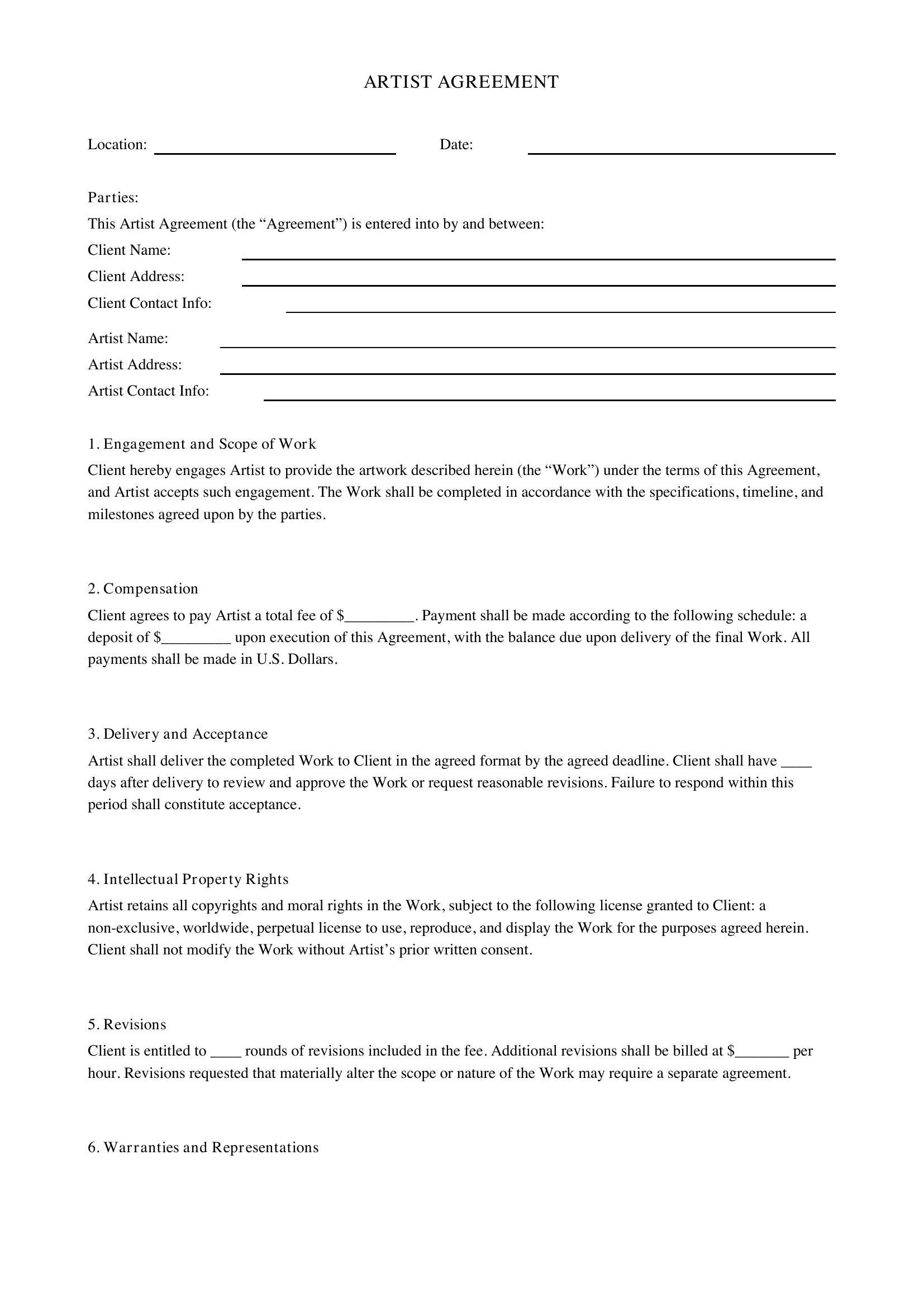 Artist Agreement Template - US