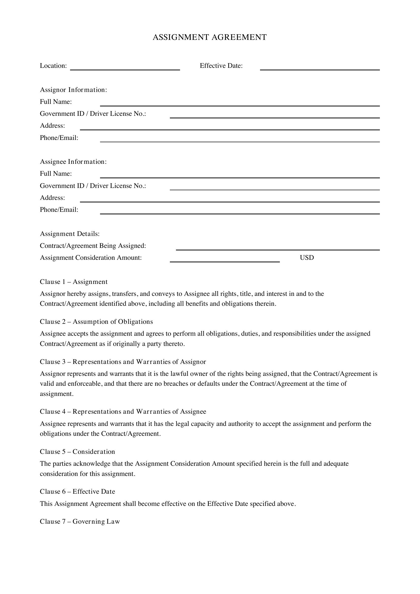 Assignment Agreement Template - US