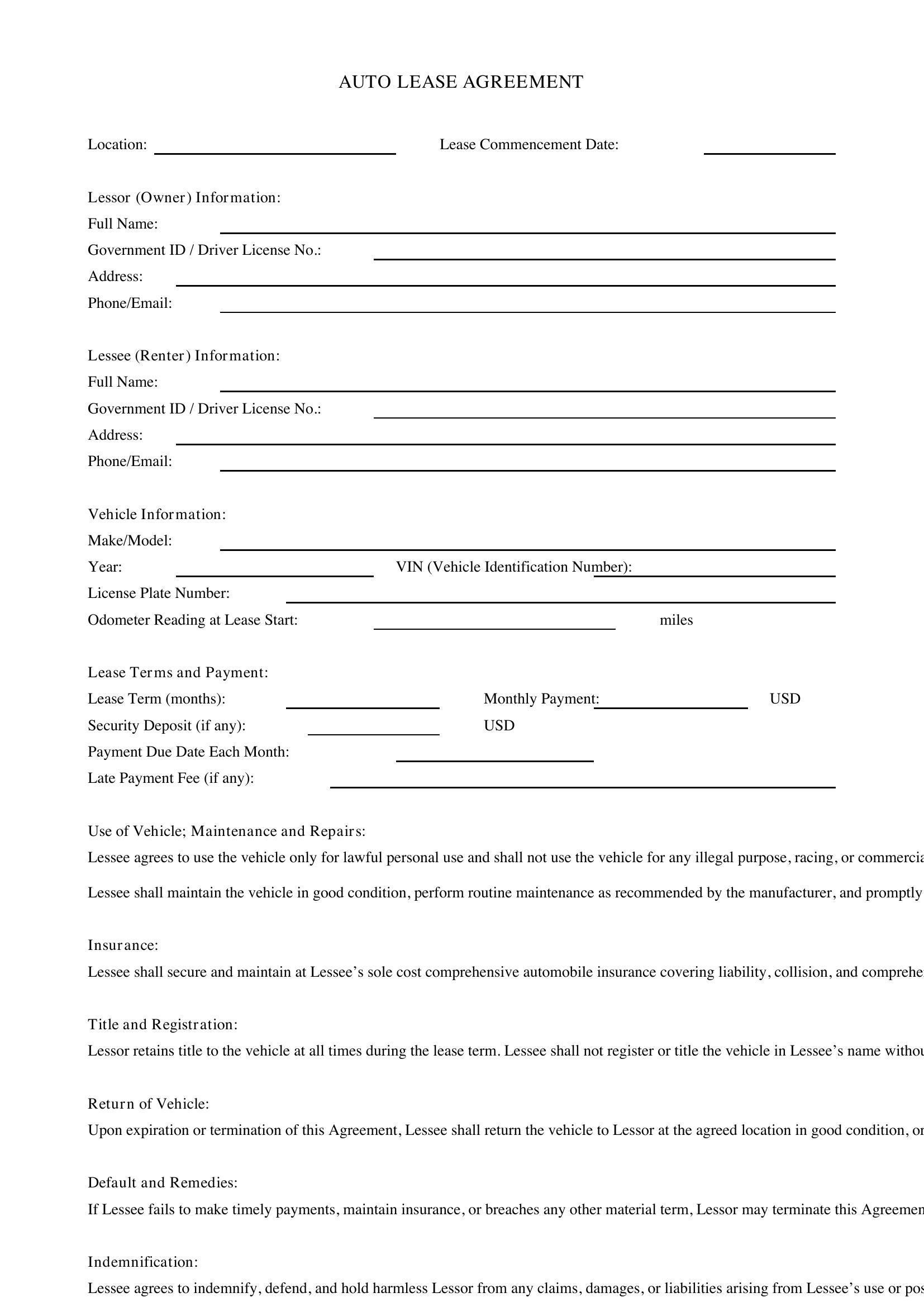 Auto Lease Agreement Template - US