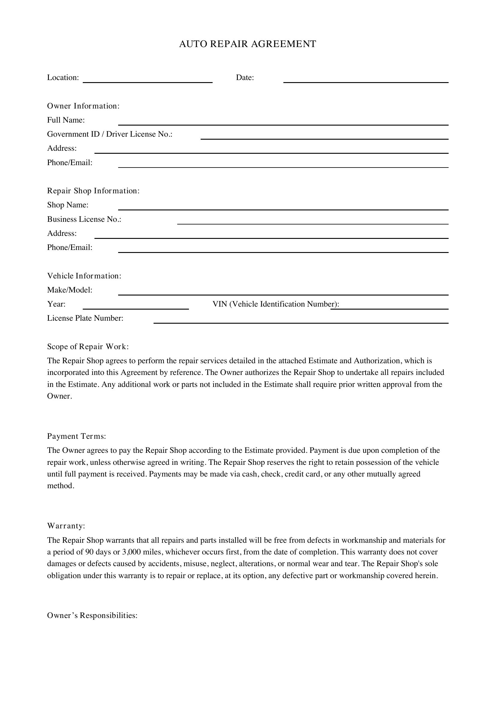 Auto Repair Agreement Template - US