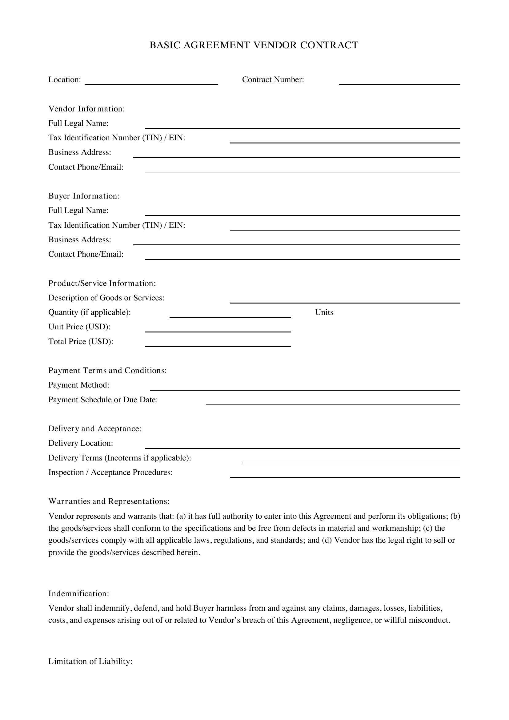 Basic Agreement Vendor Contract Template - US