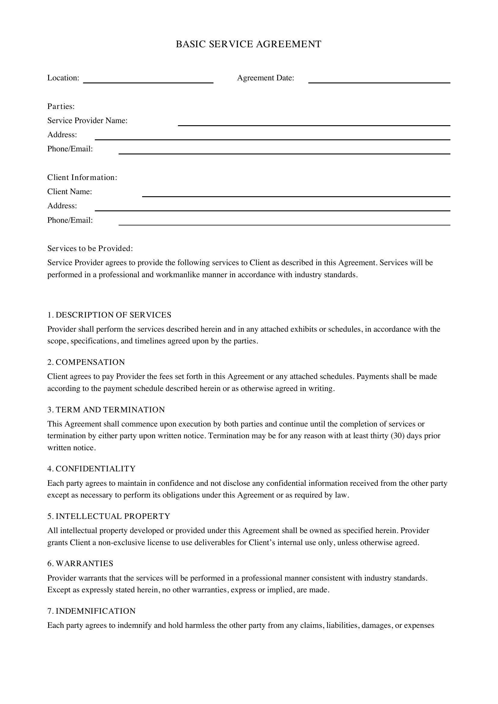 Basic Service Agreement Template - US