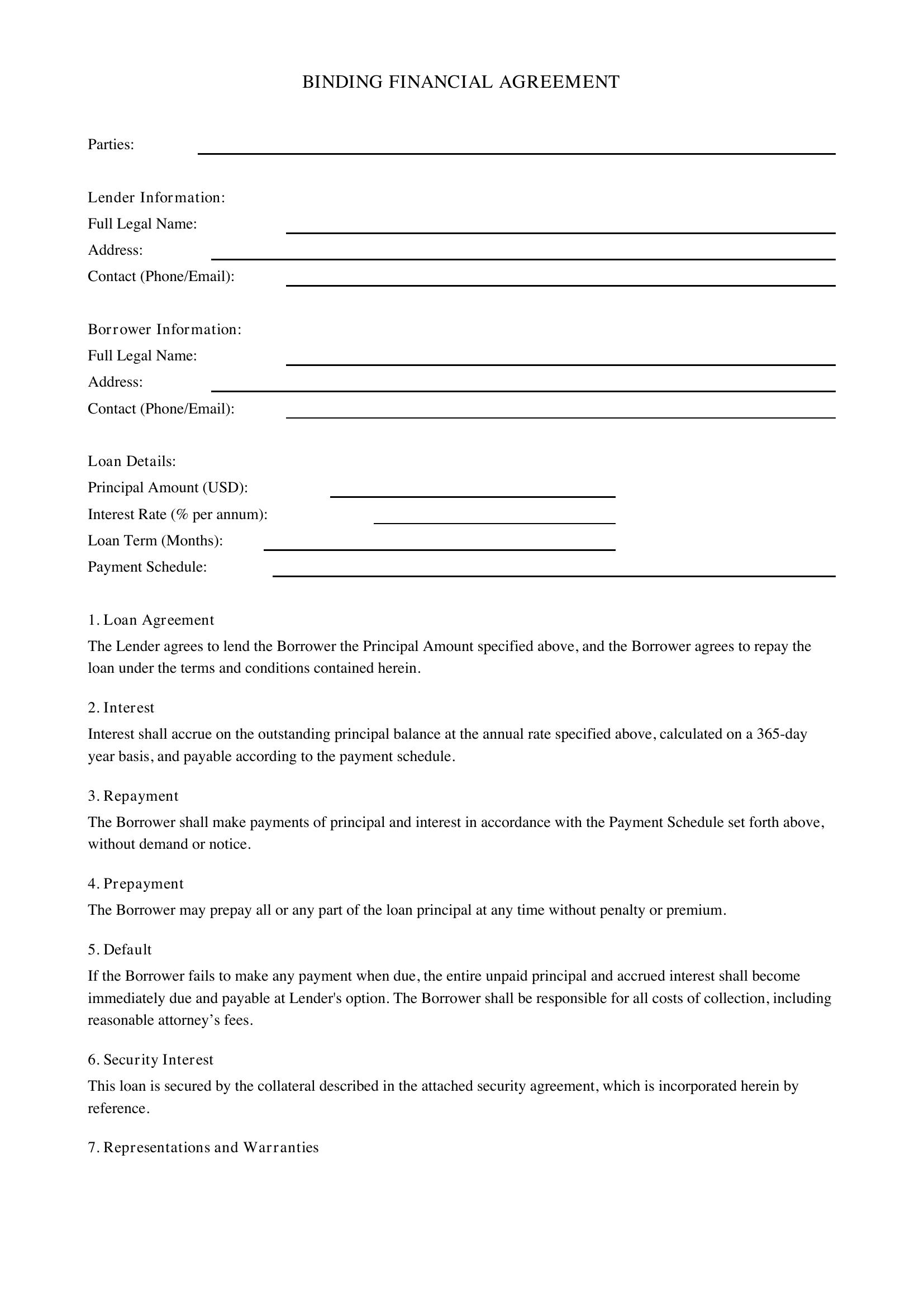 Binding Financial Agreement Template - US