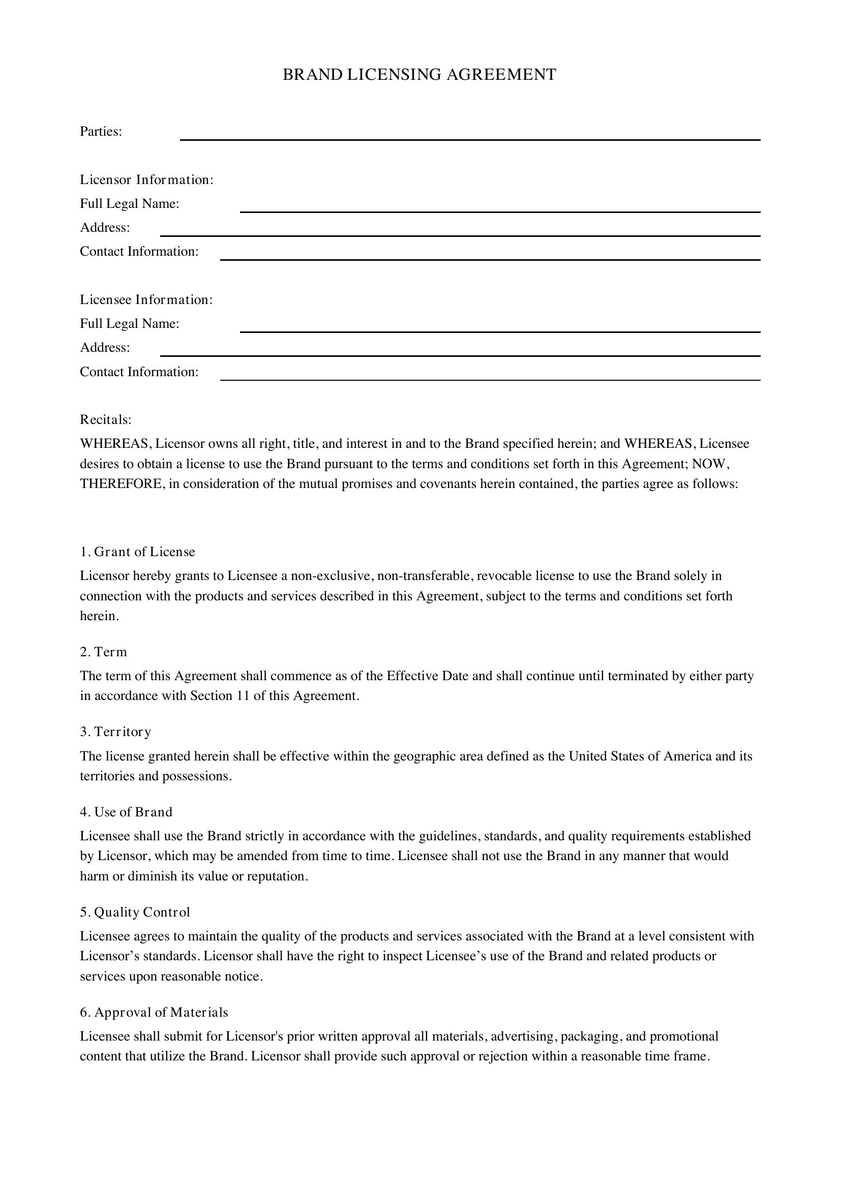 Brand Licensing Agreement Template - US