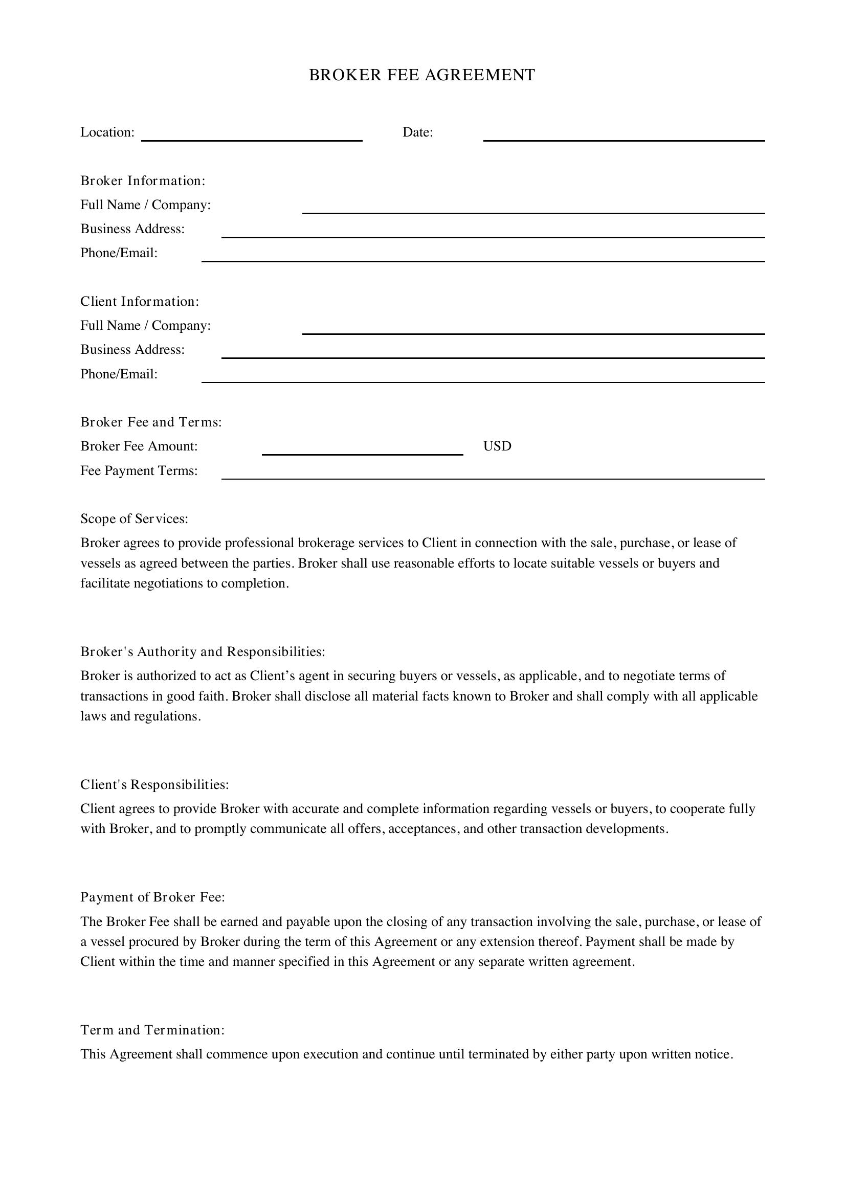 Broker Fee Agreement Template - US