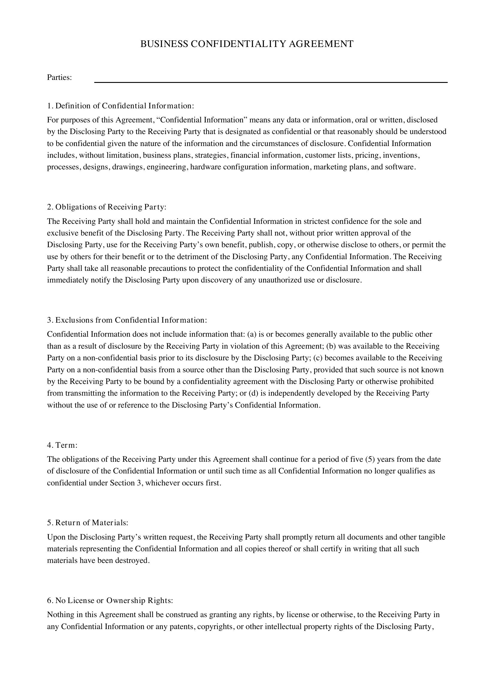 Business Confidentiality Agreement Template - US