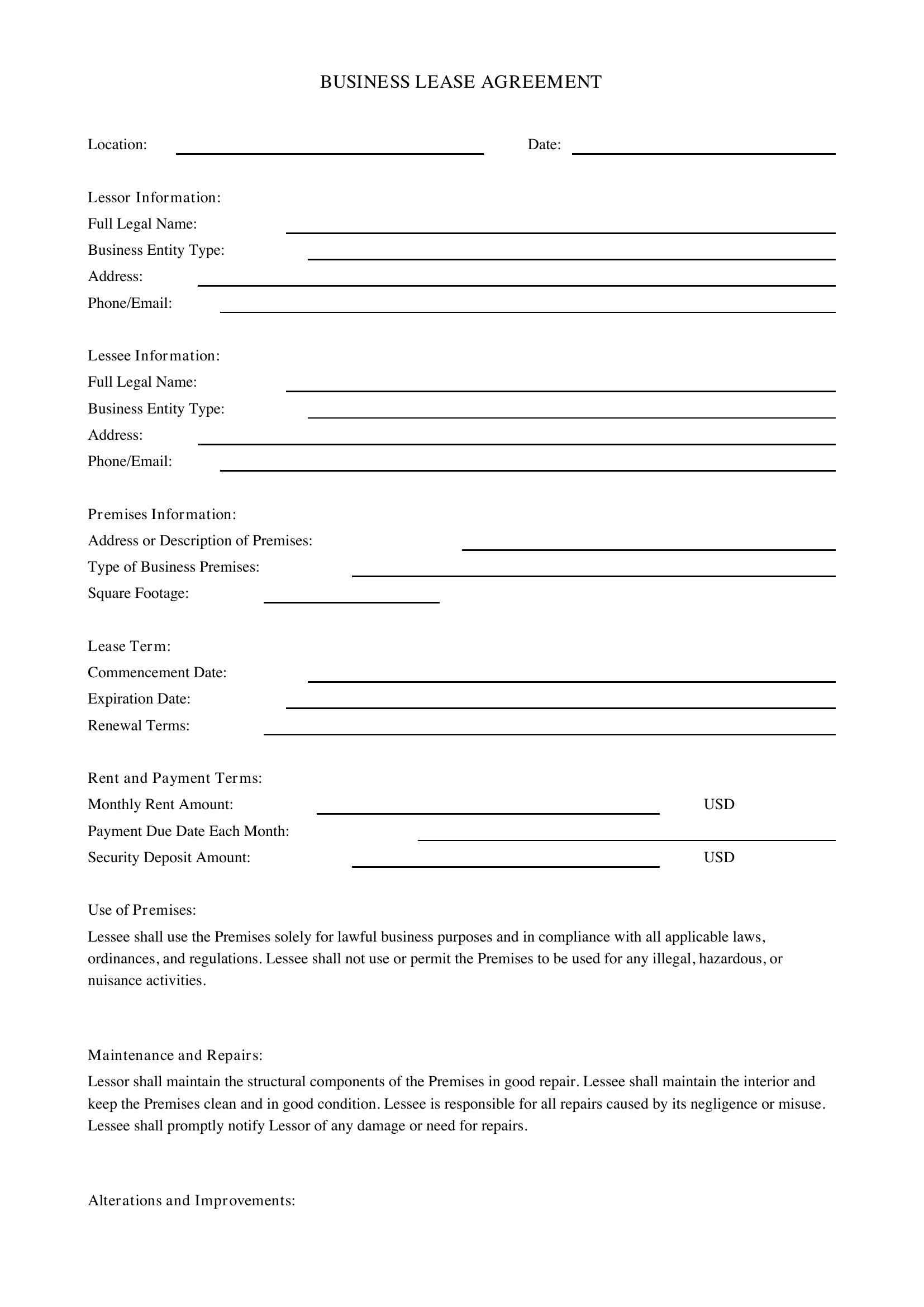 Business Lease Agreement Template - US