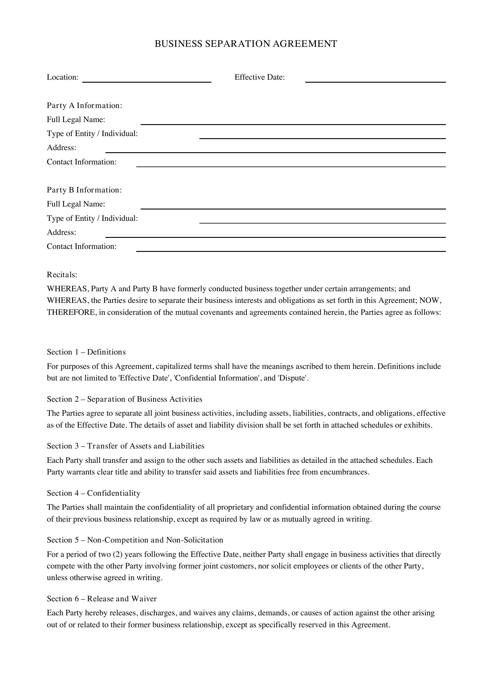Business Separation Agreement Template - US