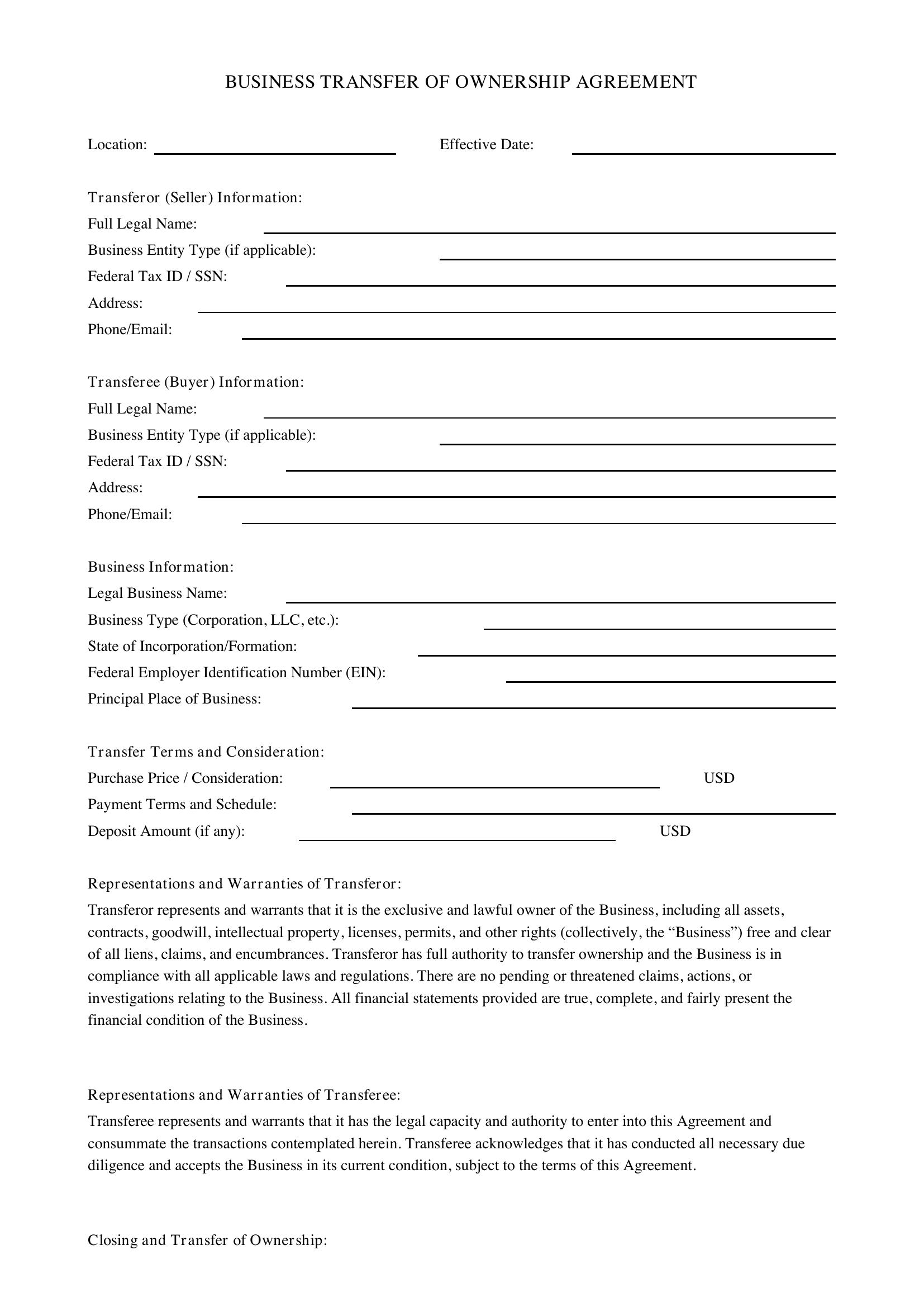 Business Transfer Of Ownership Agreement Template - US