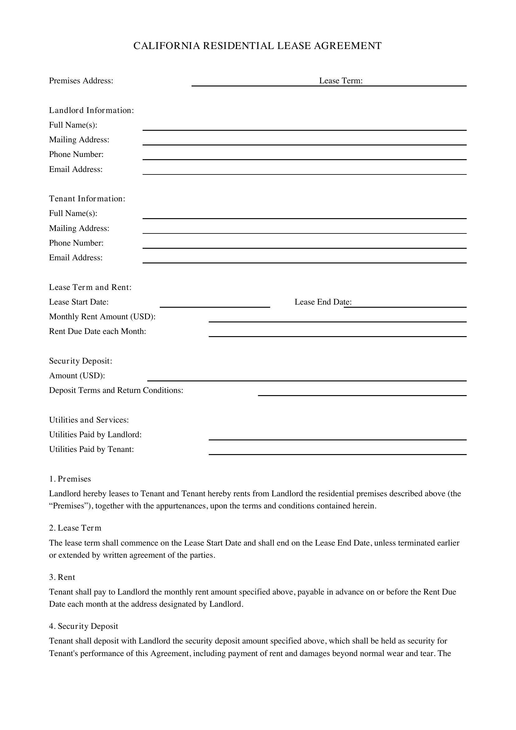 California Lease Agreement Template - US