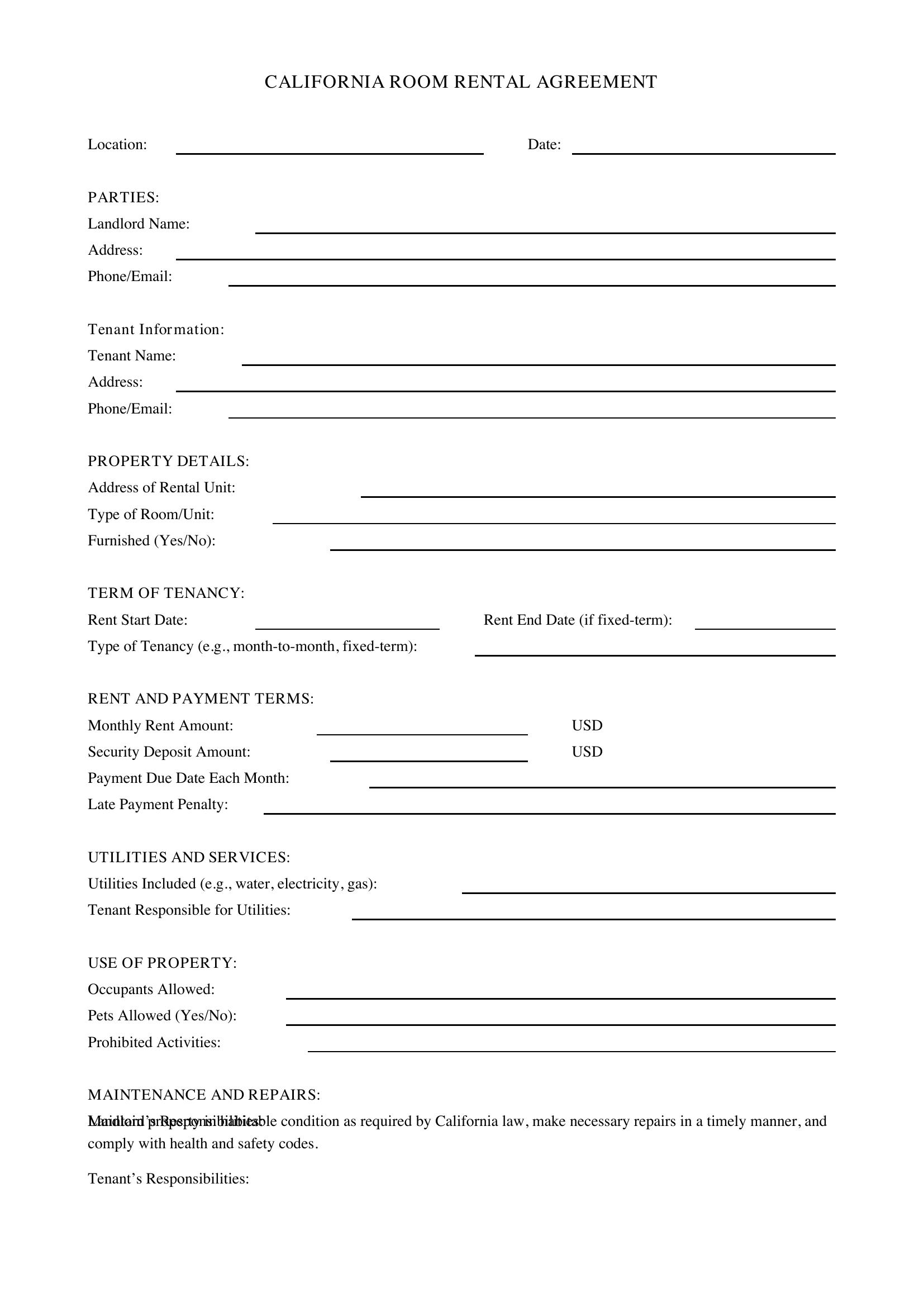 California Room Rental Agreement Template - US