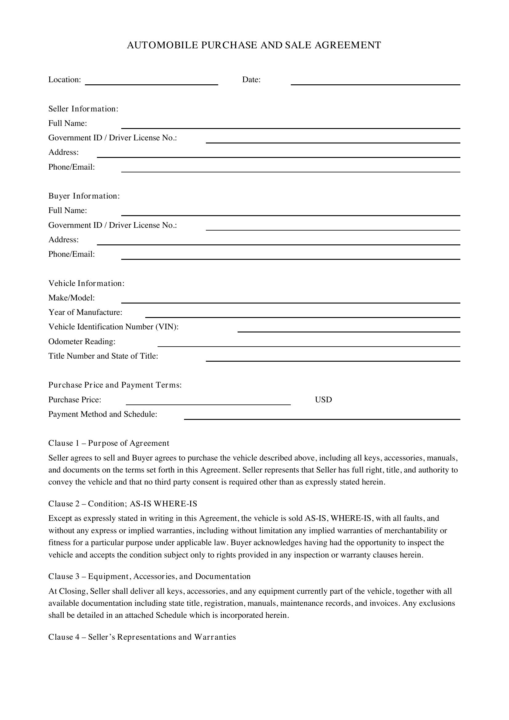 Car Agreement Template - US