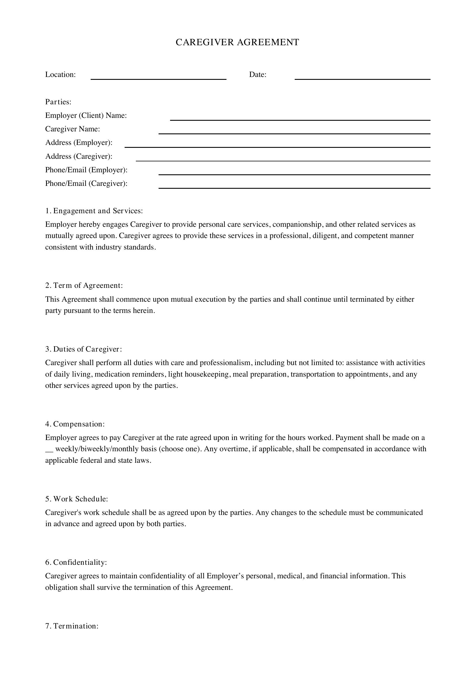 Caregiver Agreement Template - US