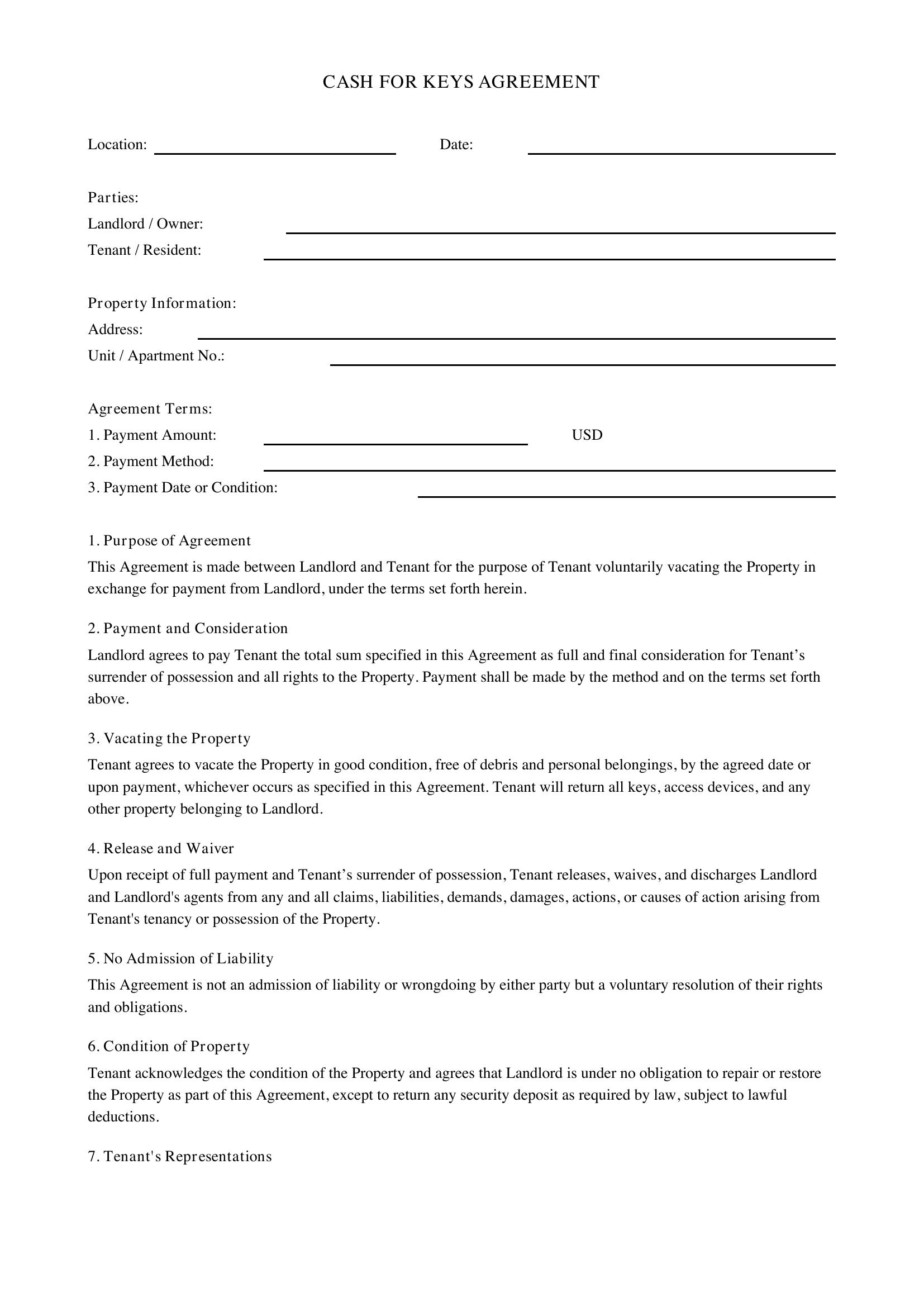 Cash For Keys Agreement Template US