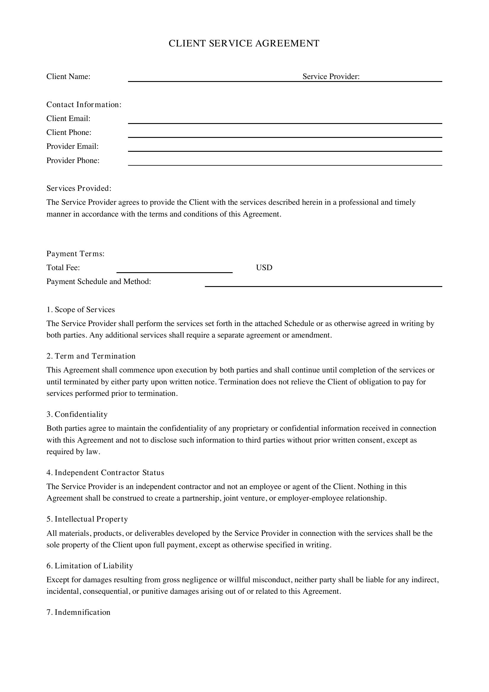 Client Service Agreement Template - US