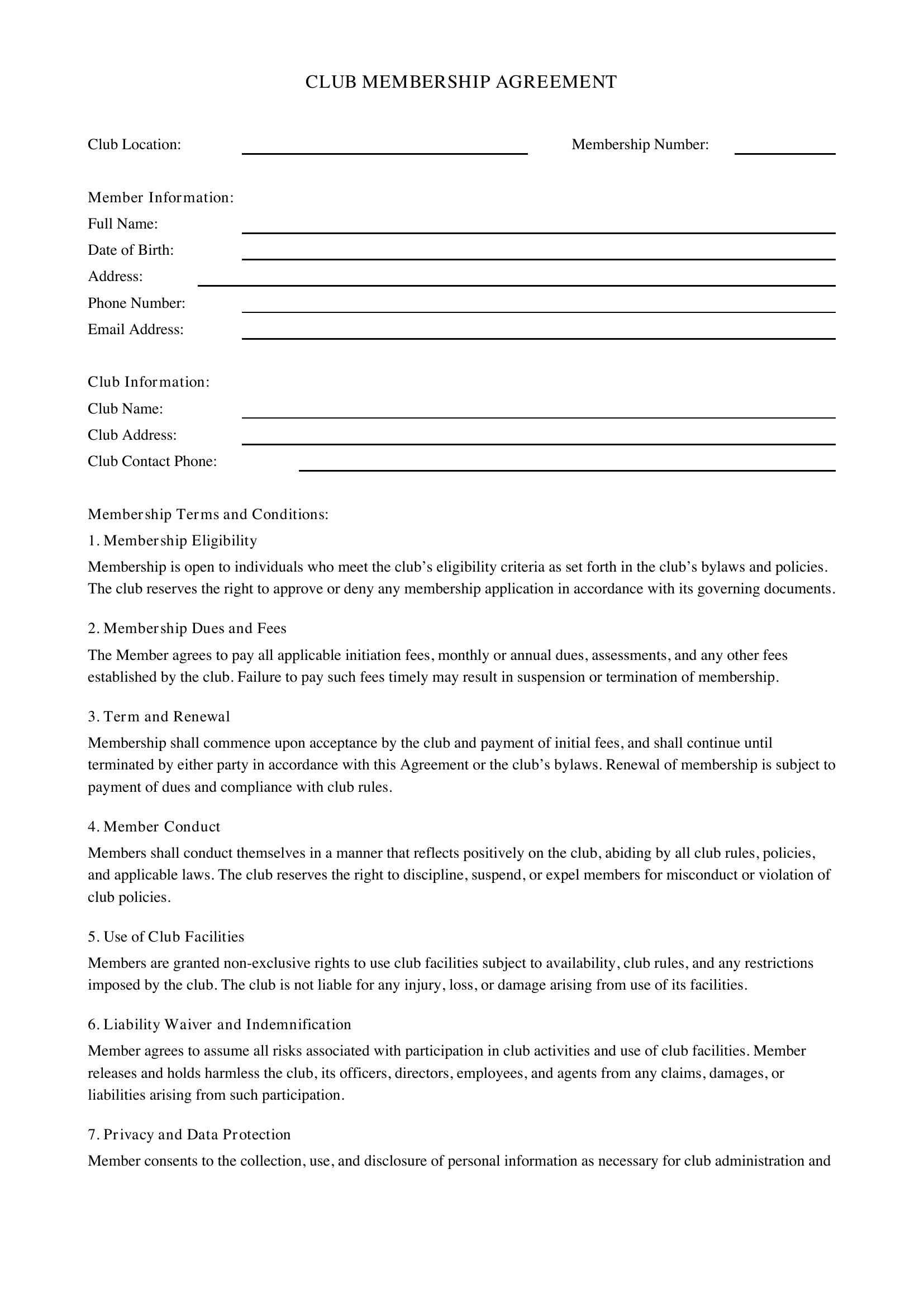 Club Membership Agreement Template - US