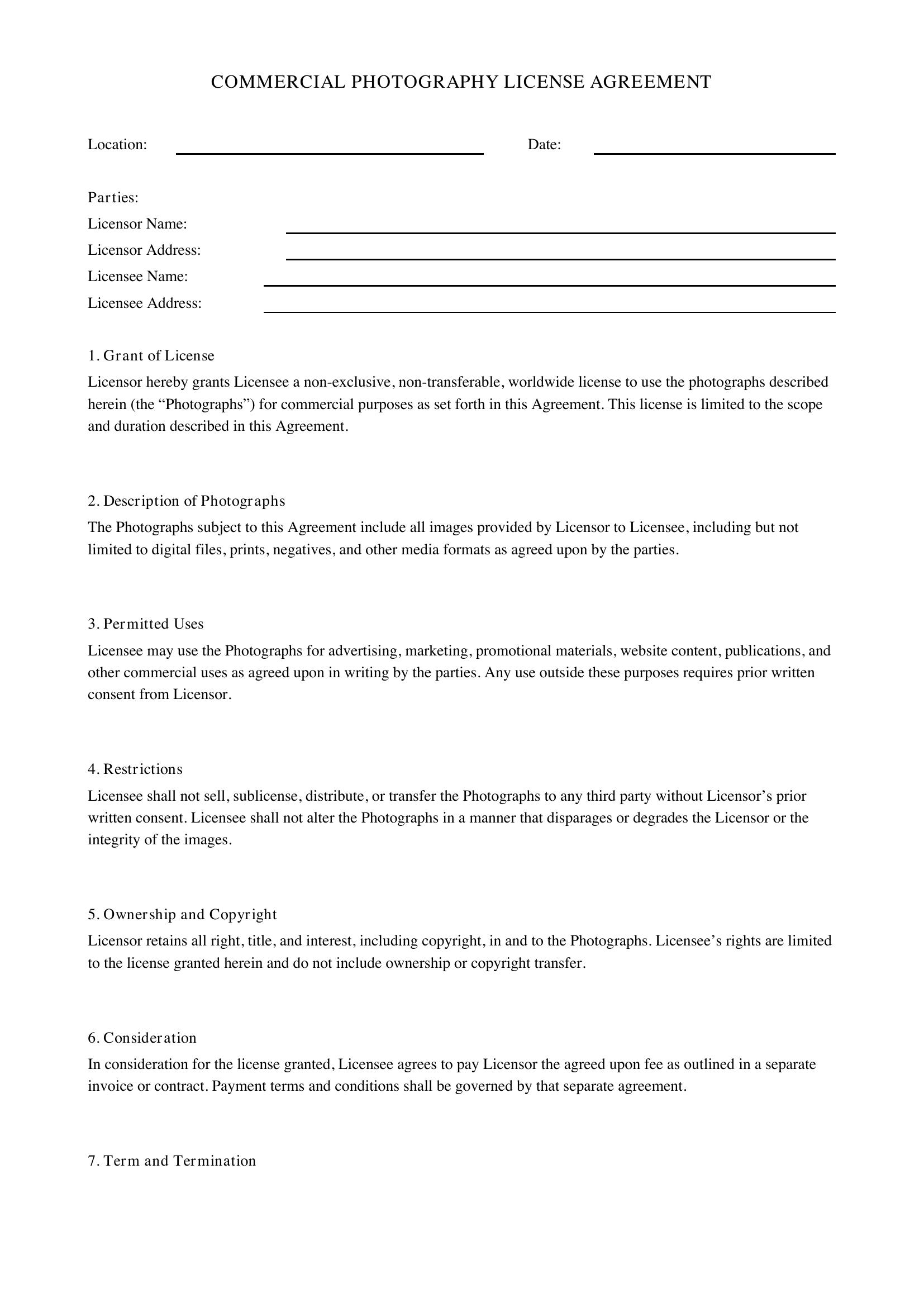 Commercial Photography License Agreement Template - US