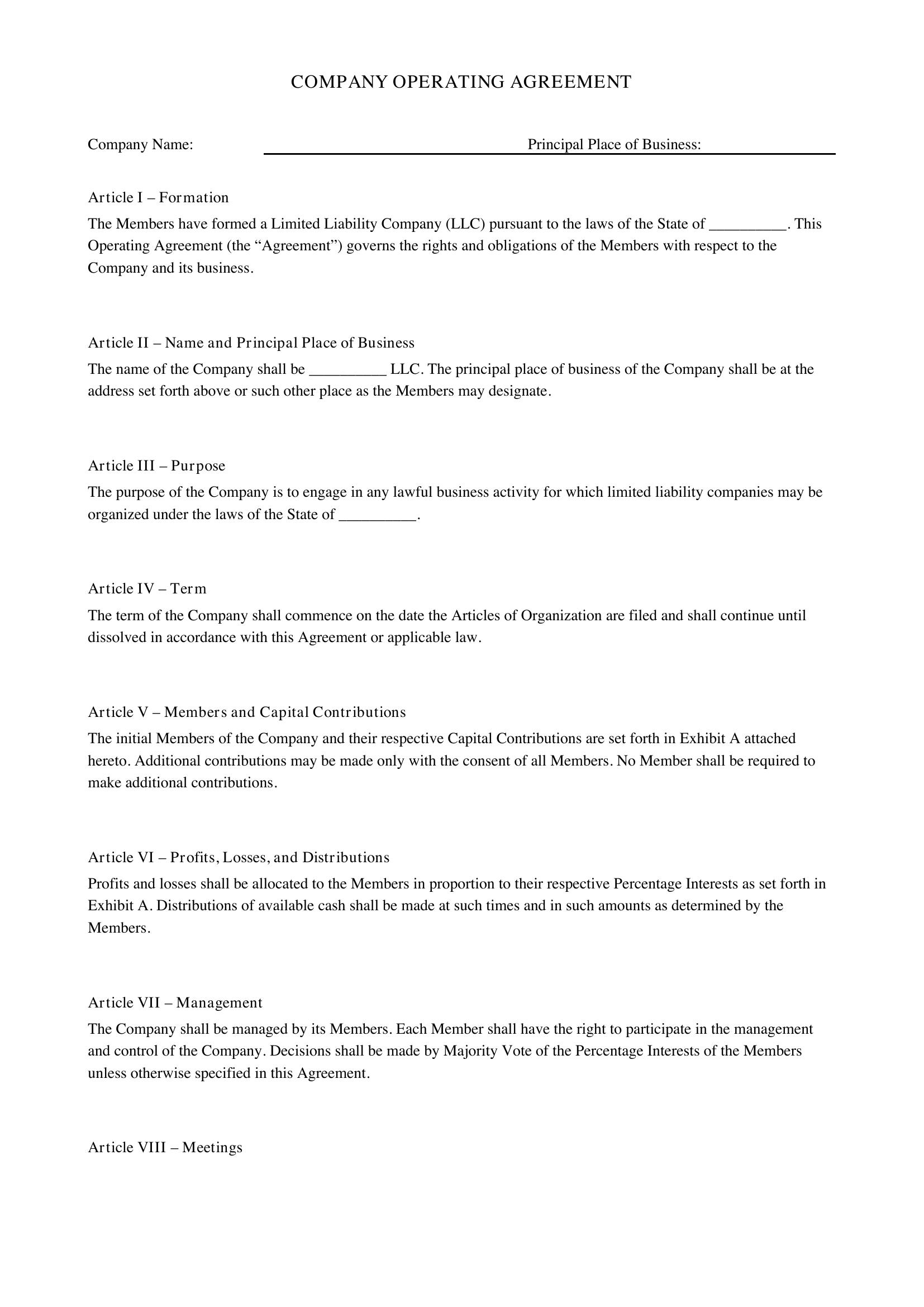 Company Operating Agreement Template - US
