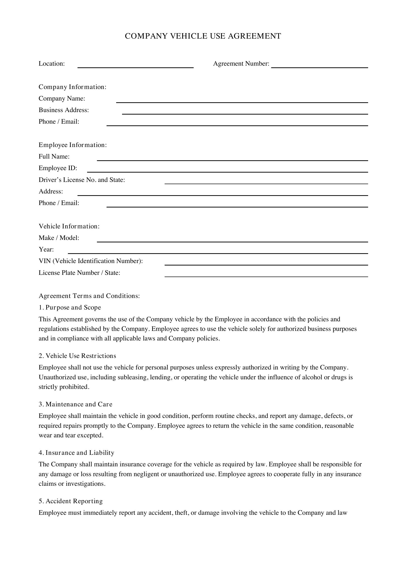 Company Vehicle Use Agreement Template - US