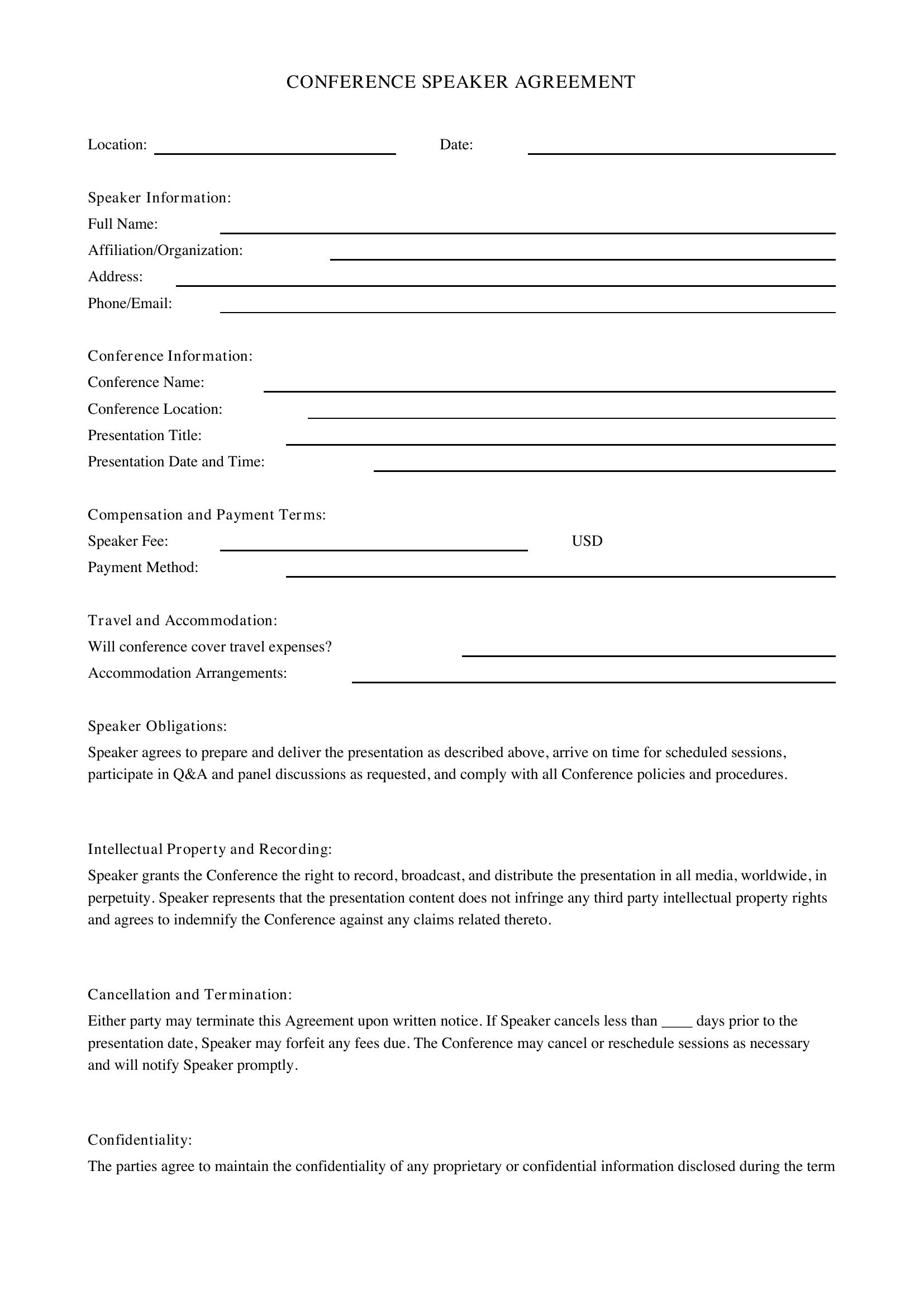 Conference Speaker Agreement Template - US