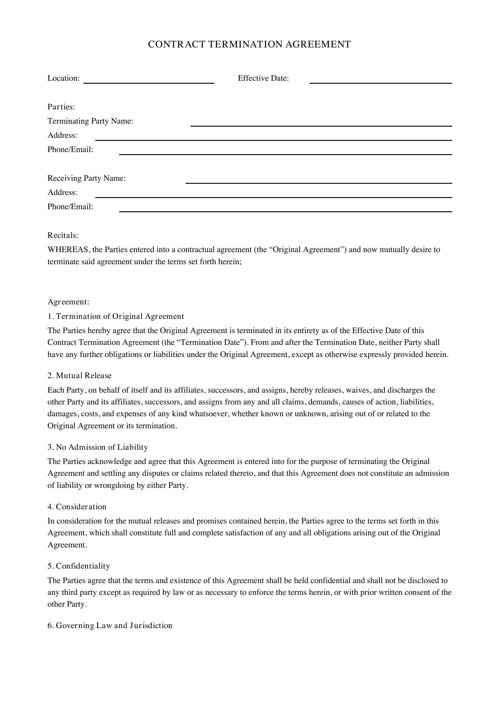 Contract Termination Agreement Template - US