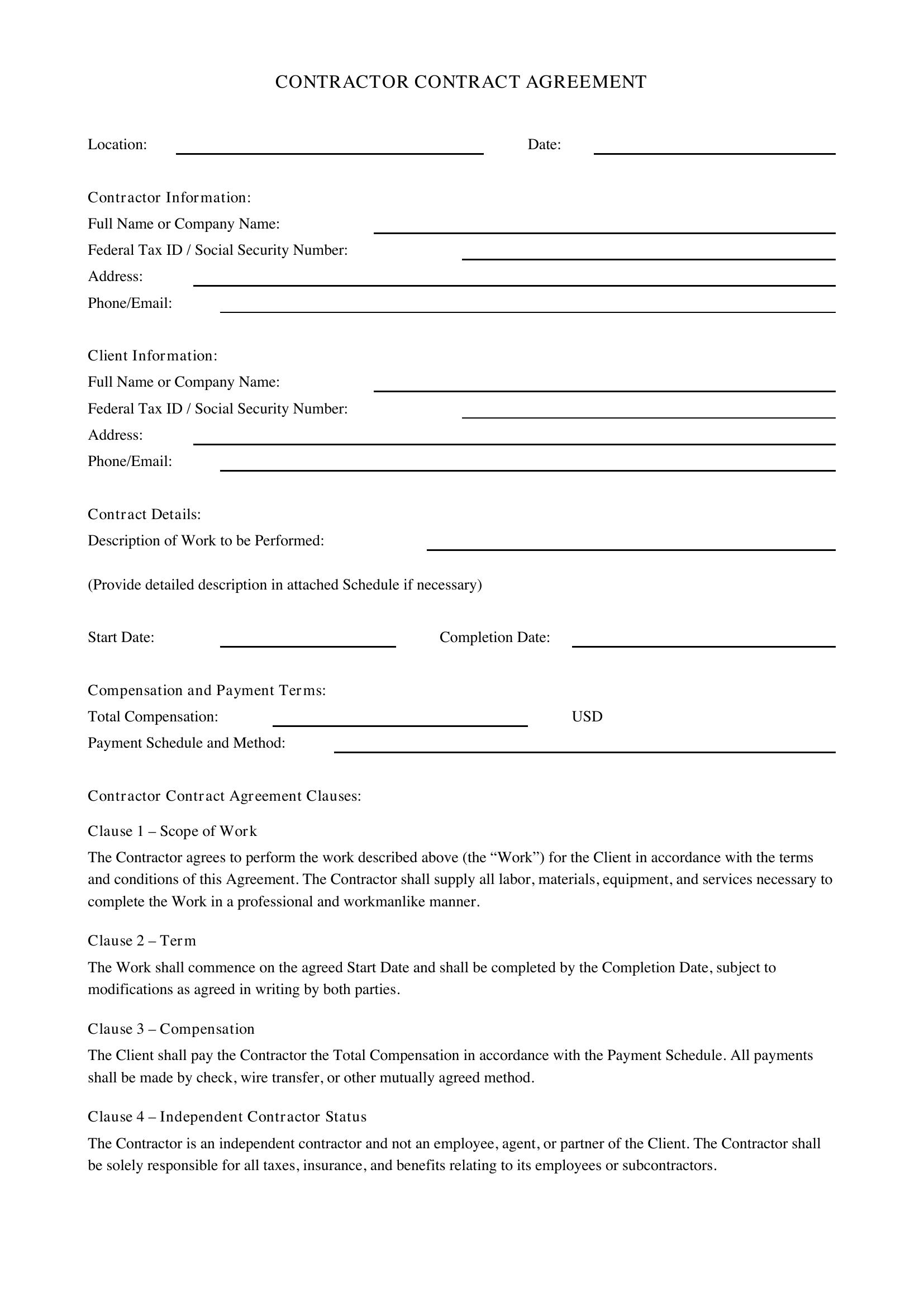Contractor Contract Agreement Template - US