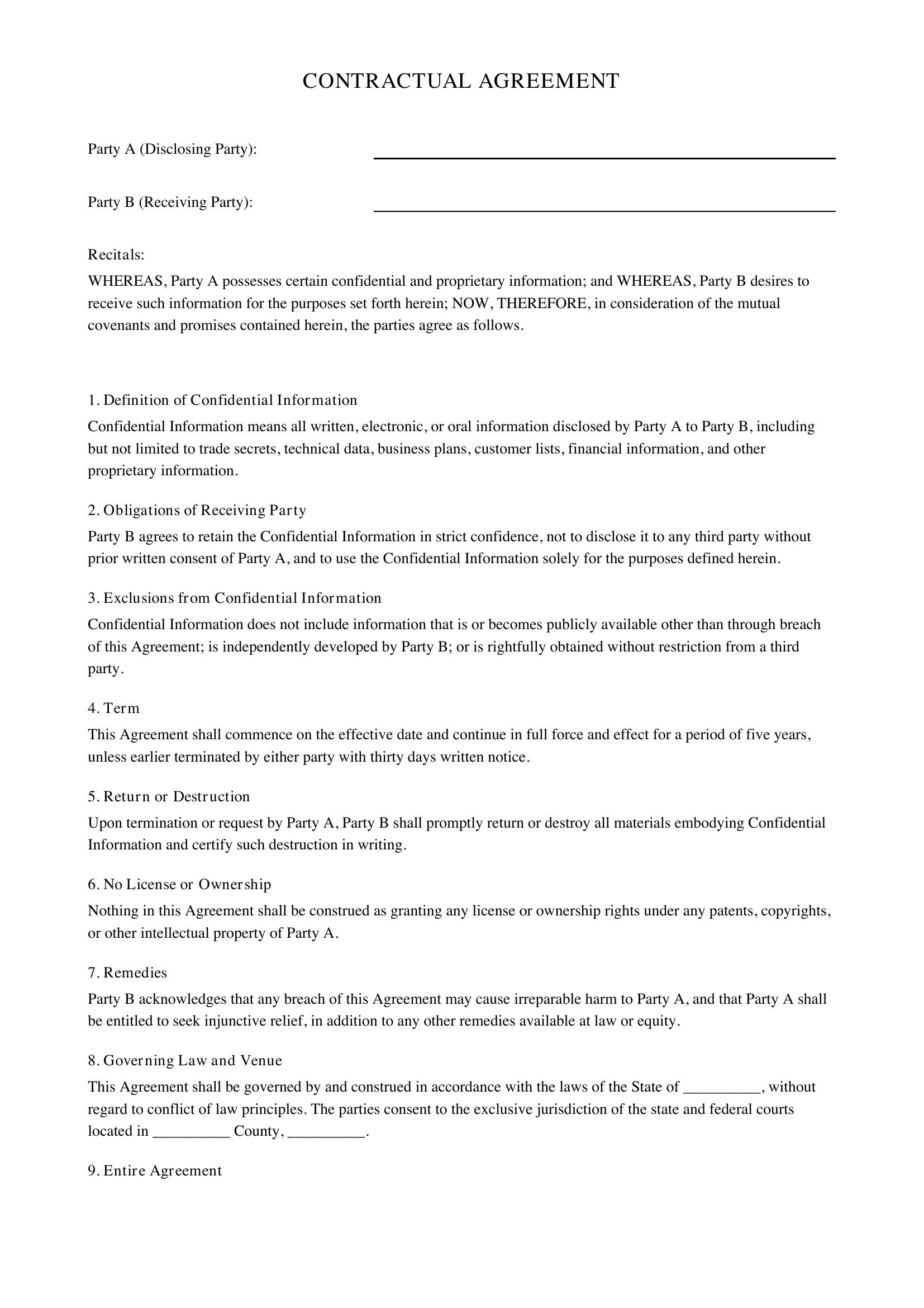 Contractual Agreement Template - US