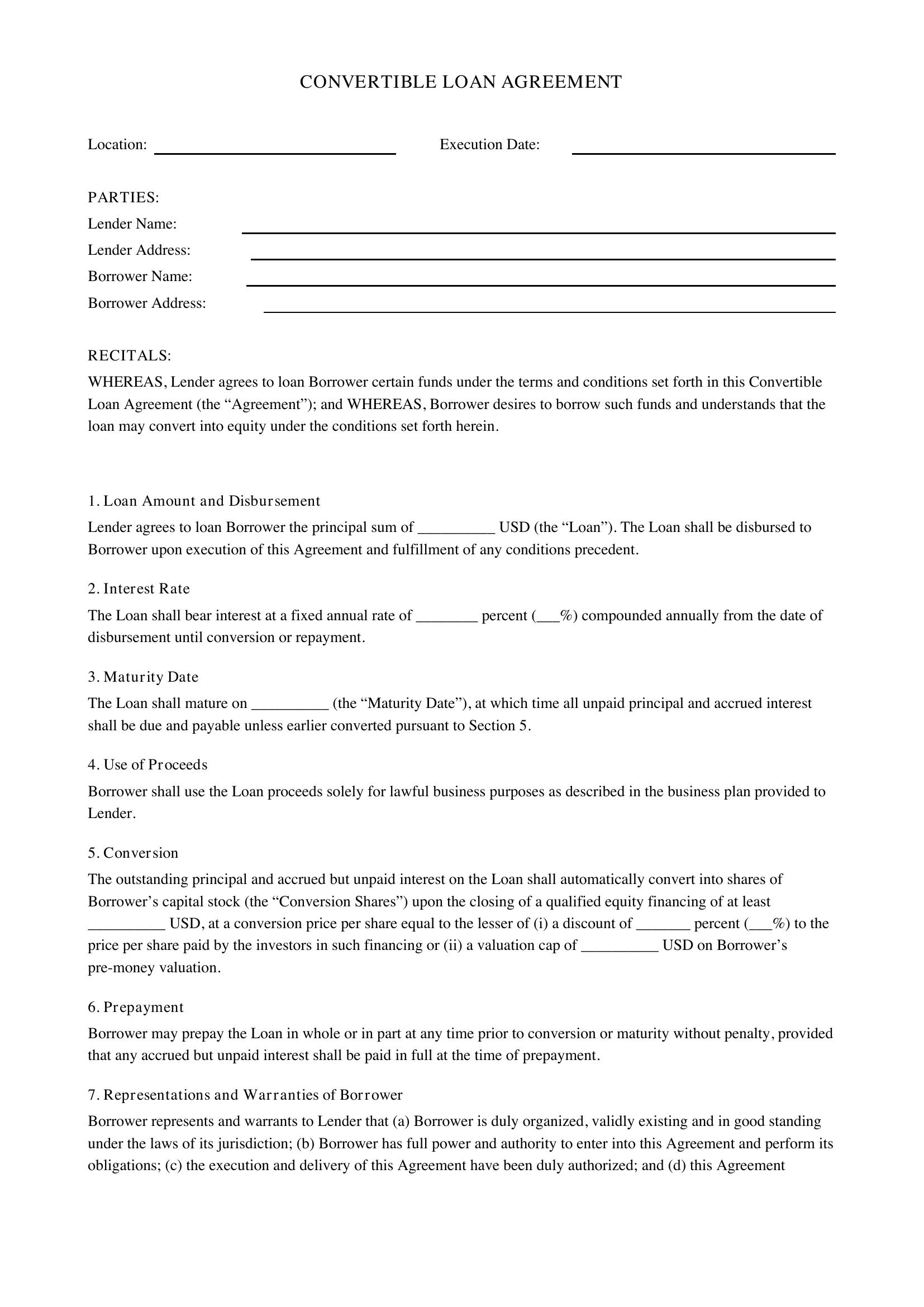 Convertible Loan Agreement Template - US