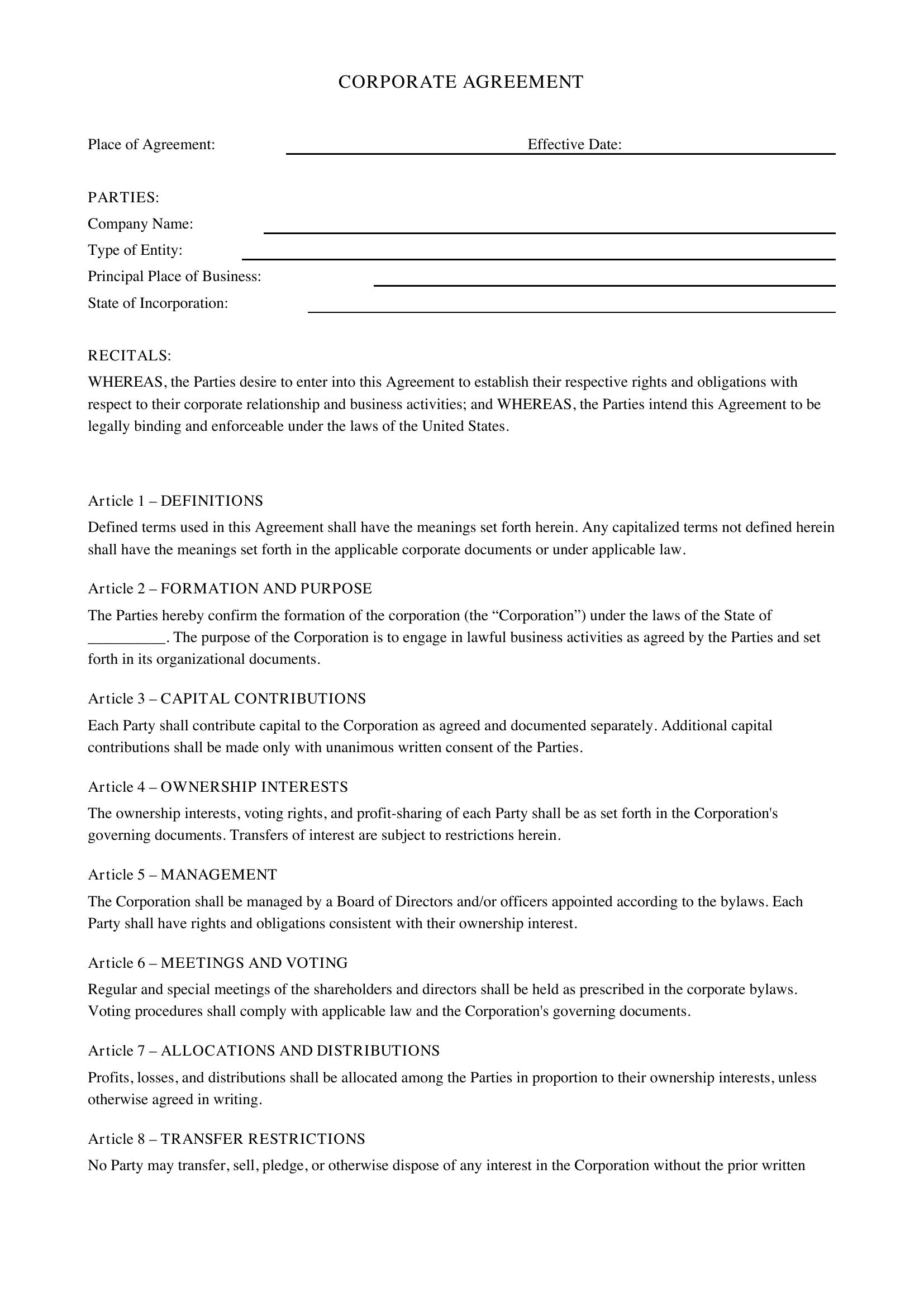 Corporate Agreement Template - US