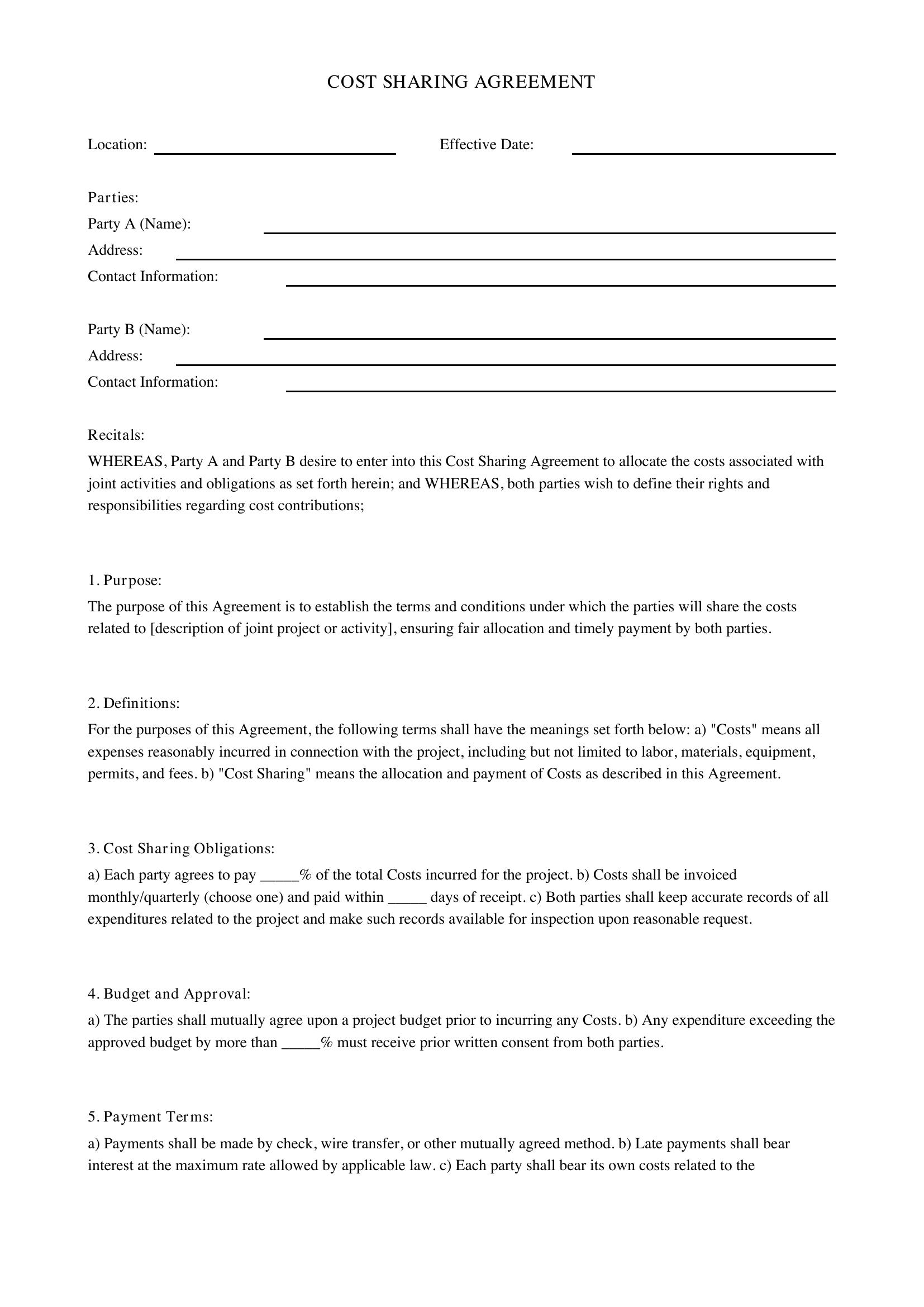 Cost Sharing Agreement Template - US