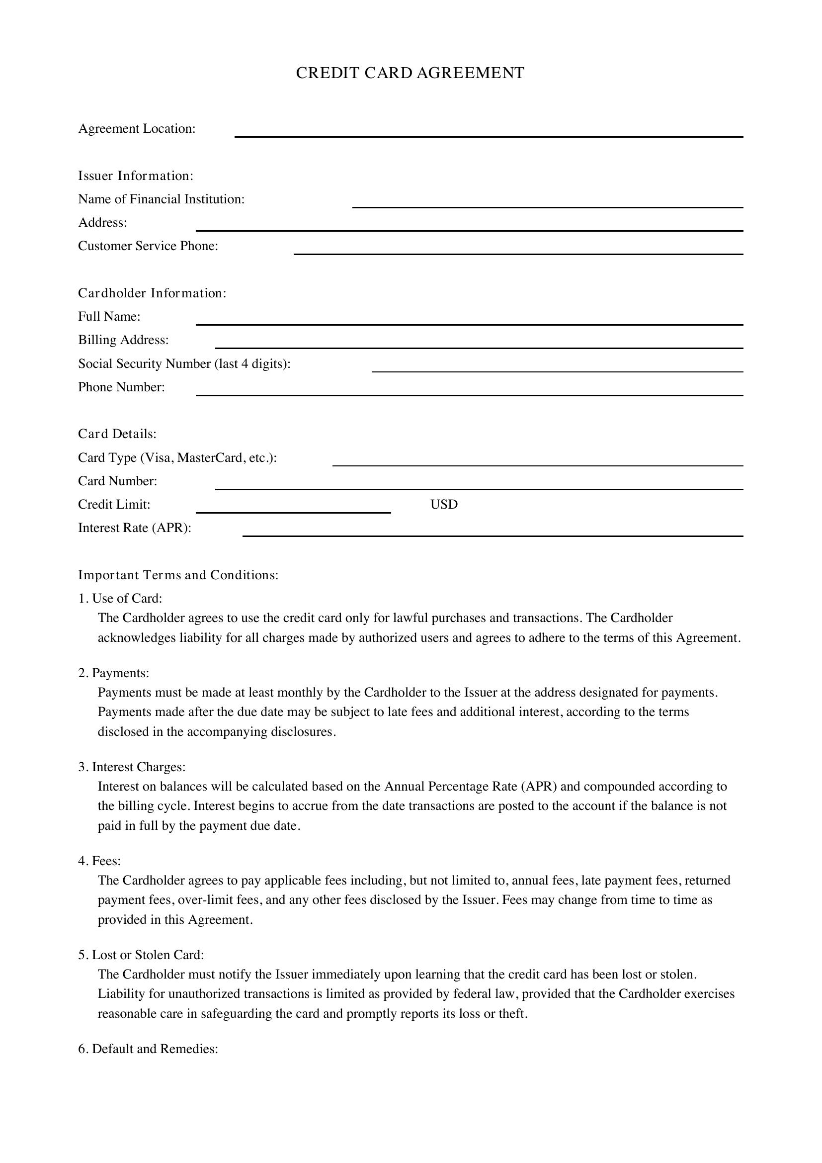 Credit Card Agreement Template - US