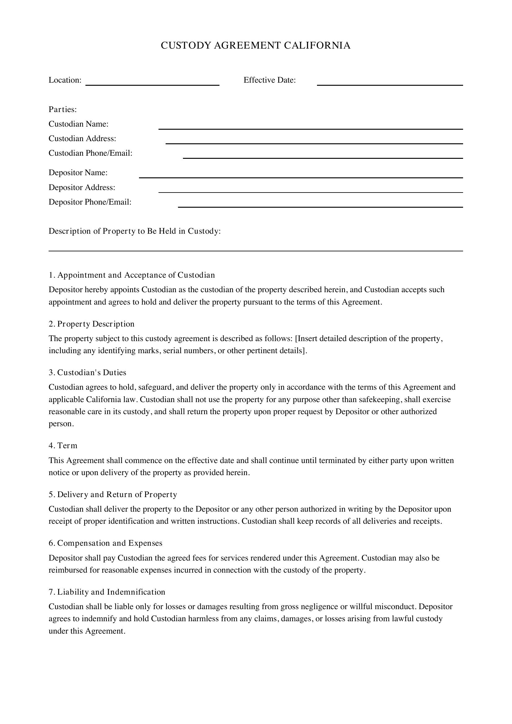 Custody Agreement California Template - US