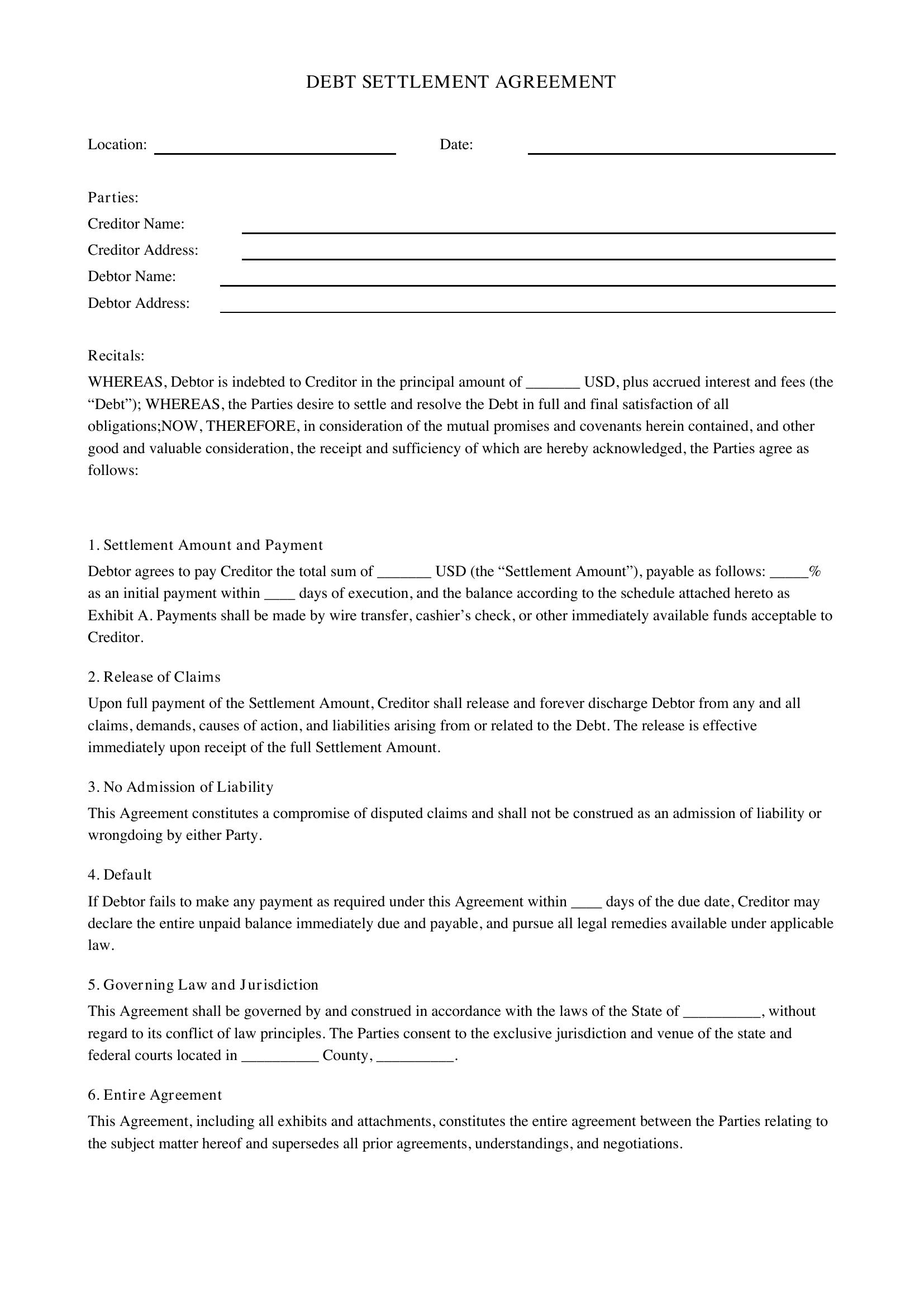 Debt Settlement Agreement Template - US