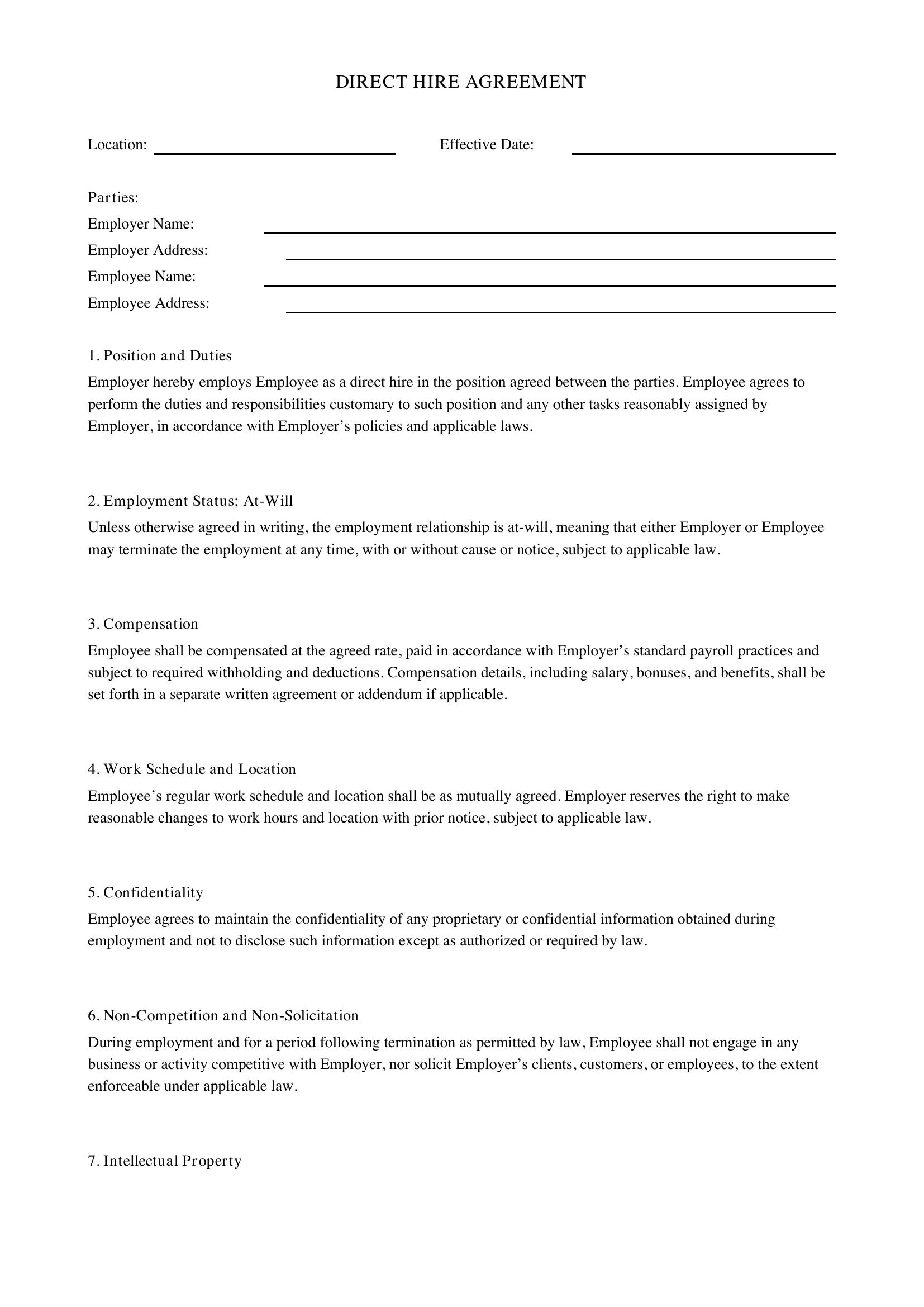 Direct Hire Agreement Template - US