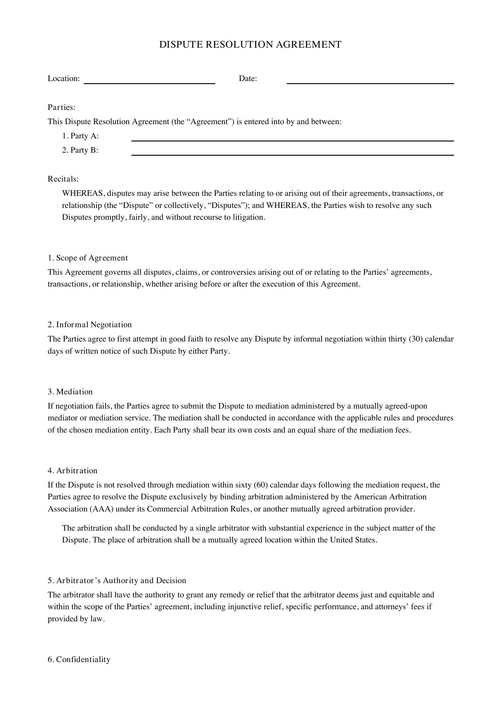 Dispute Resolution Agreement Template - US