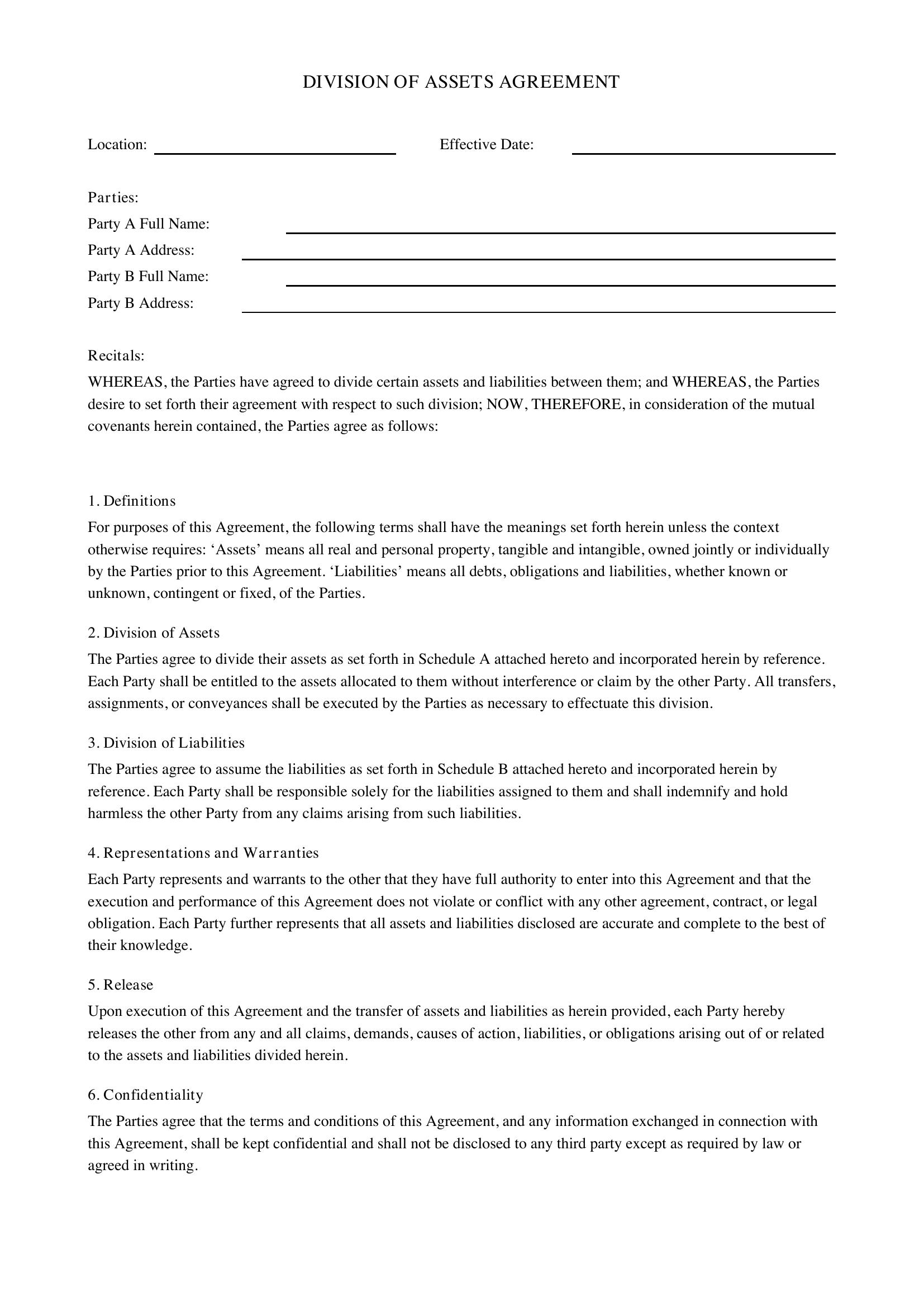 Division Of Assets Agreement Template - US