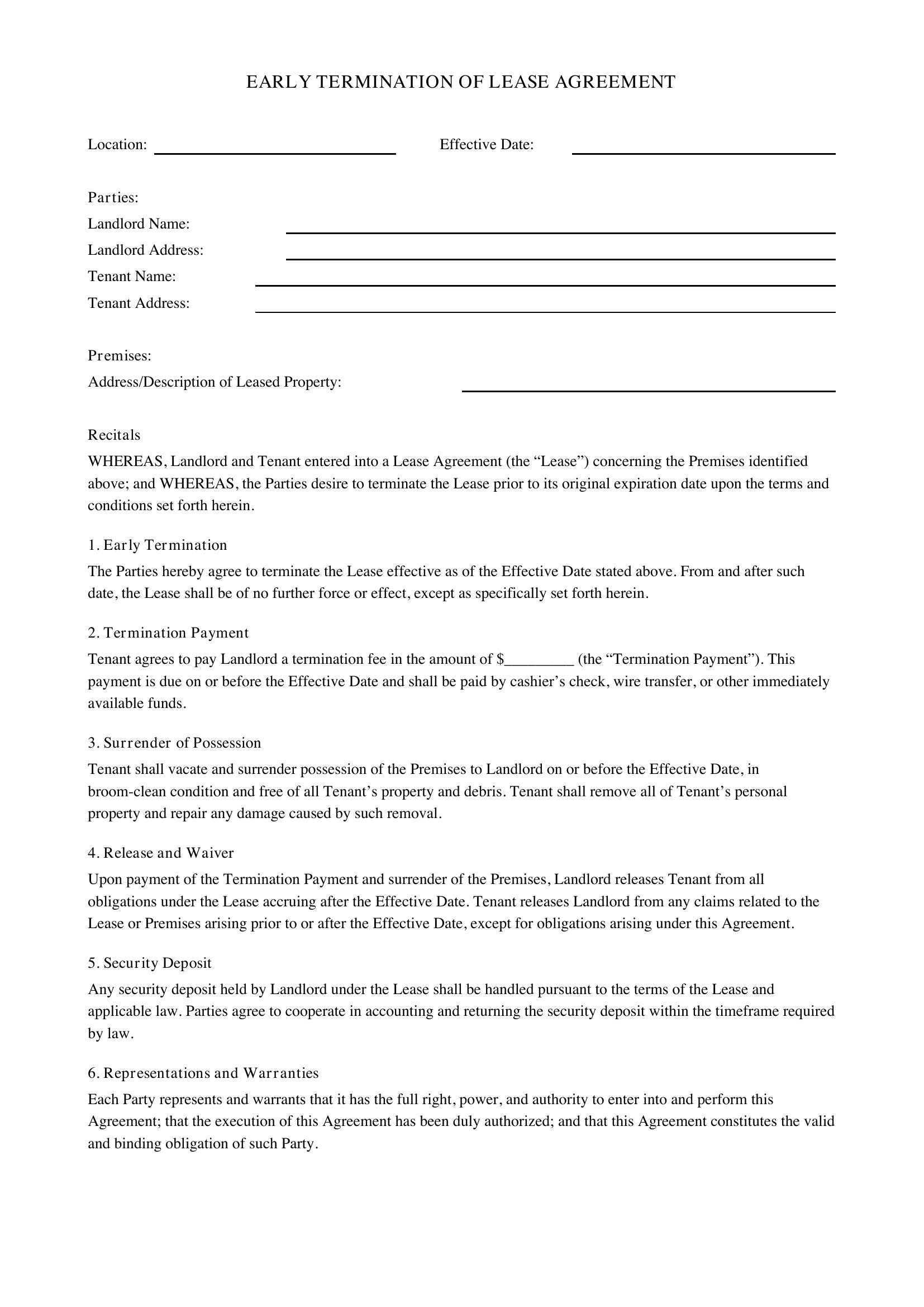Early Termination Of Lease Agreement Template - US
