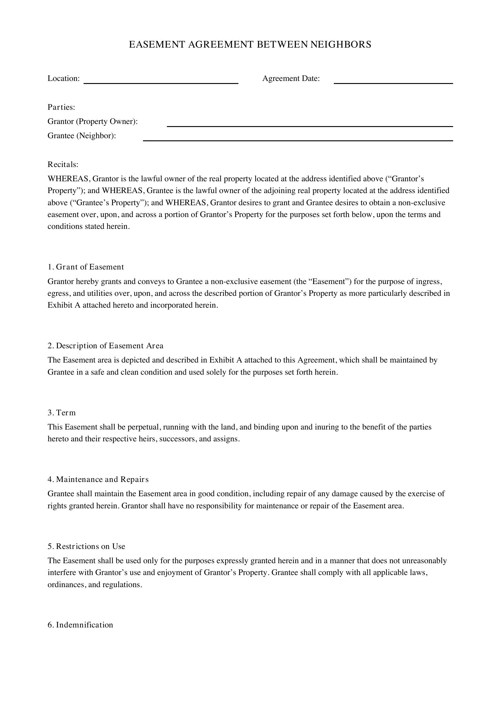 Easement Agreement Between Neighbors Template - US
