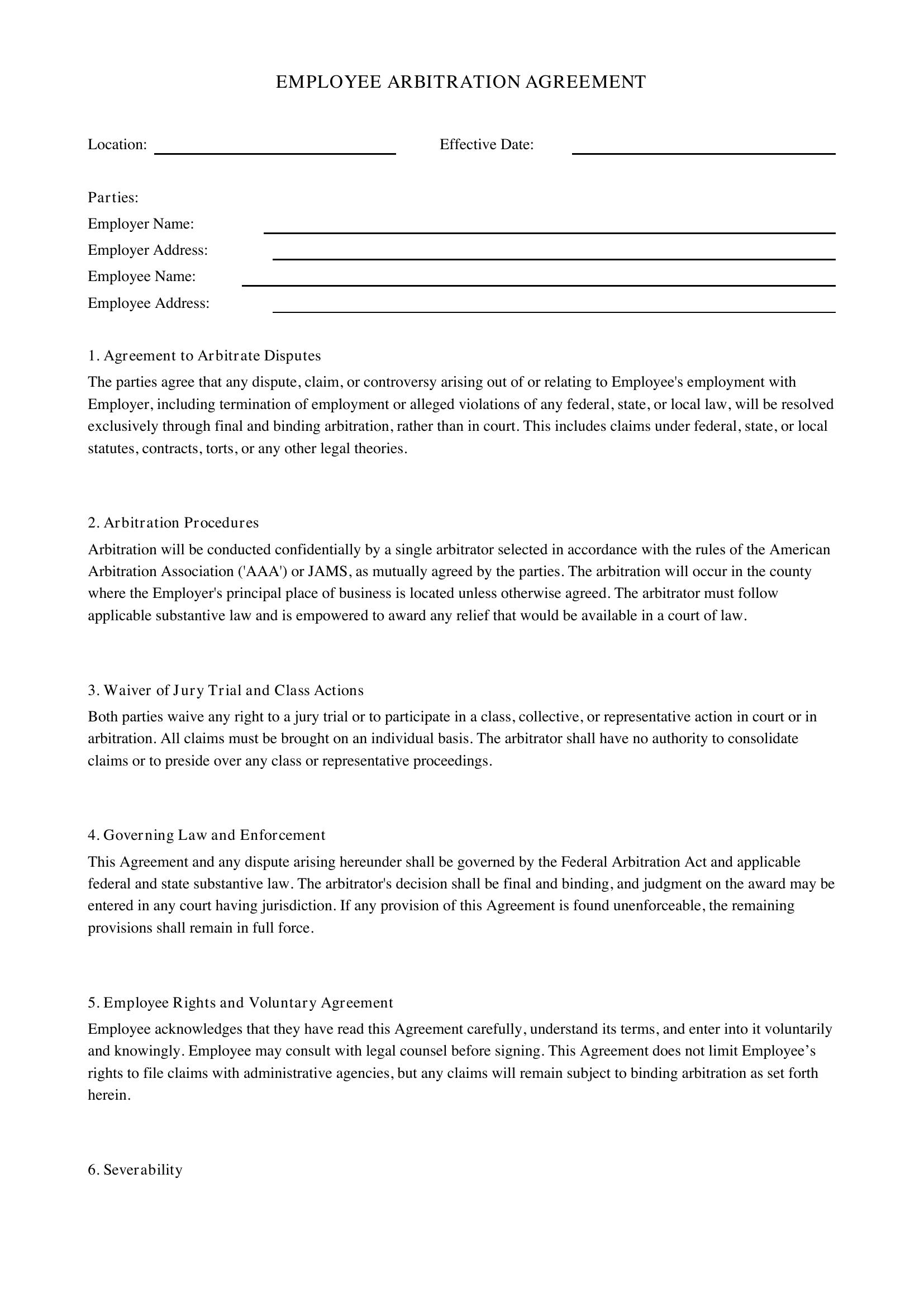Employee Arbitration Agreement Template - US