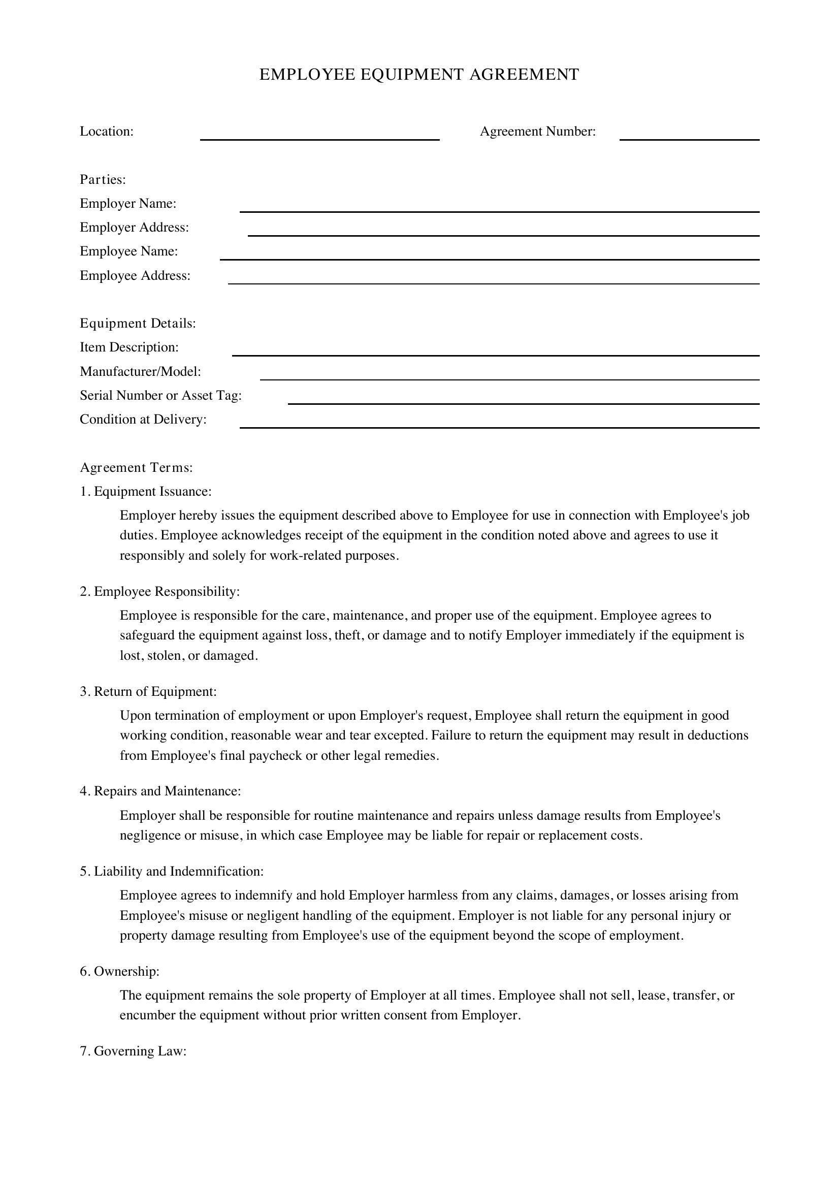 Employee Equipment Agreement Template - US