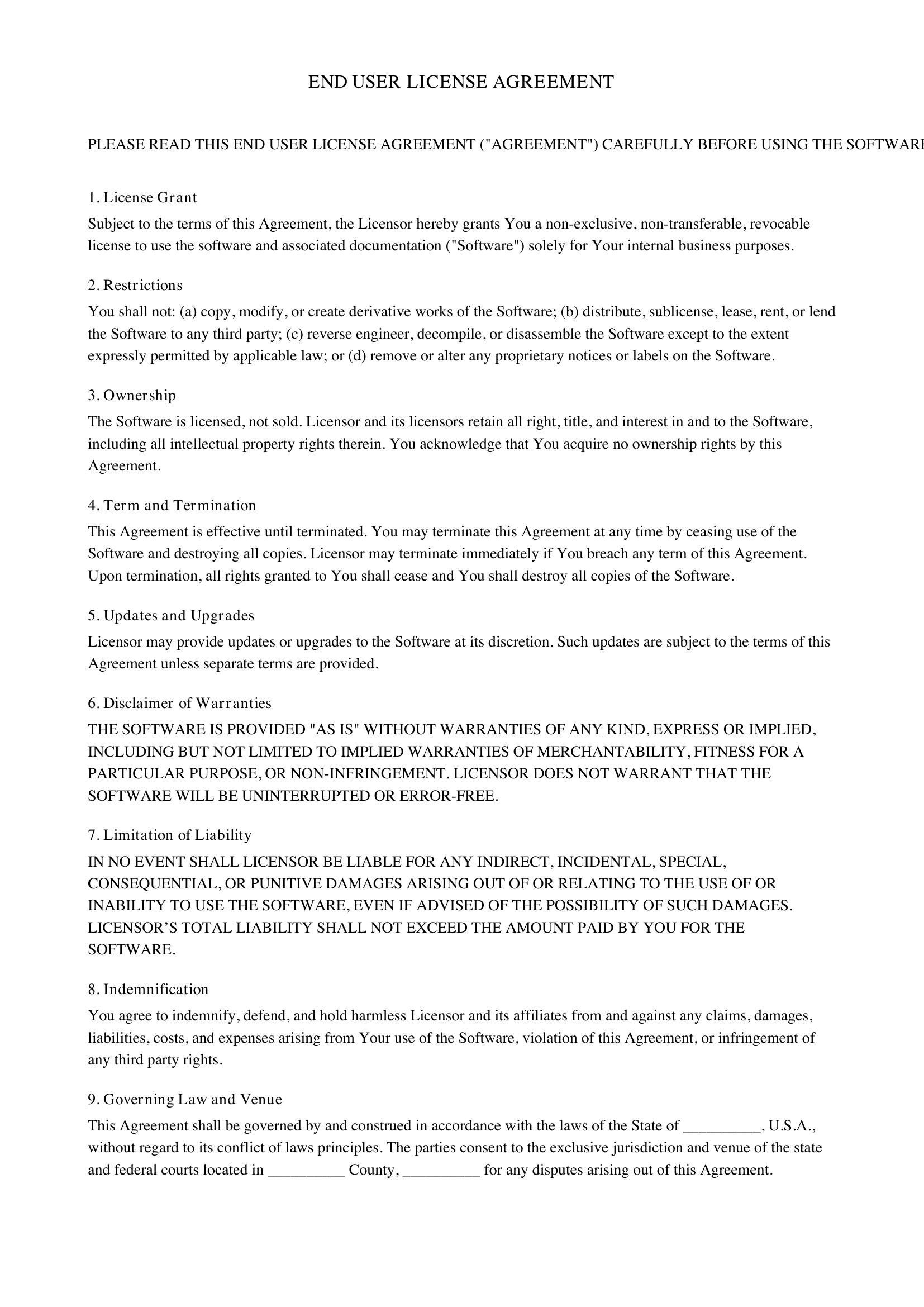 End User Agreement Template - US