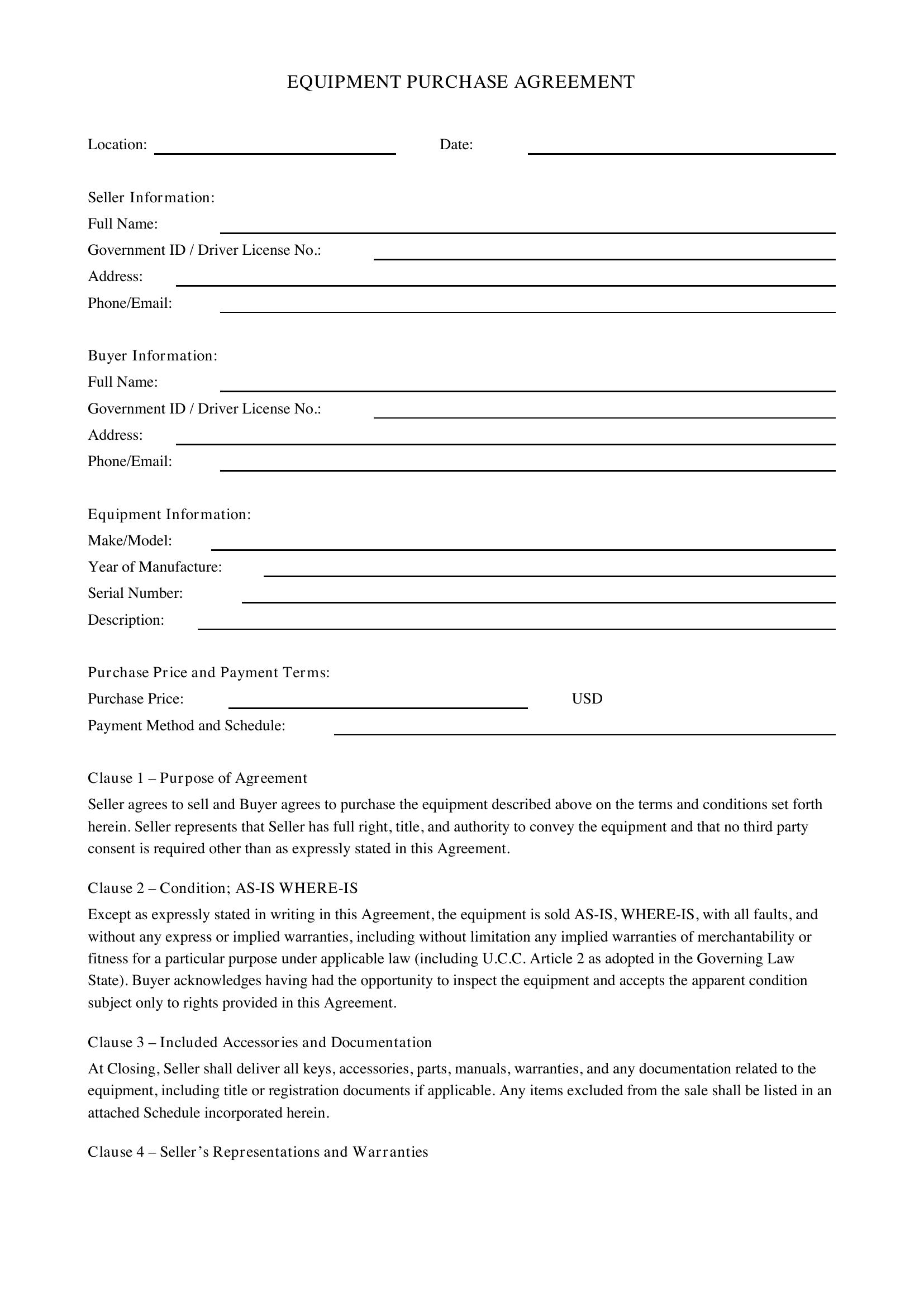 Equipment Purchase Agreement Template - US
